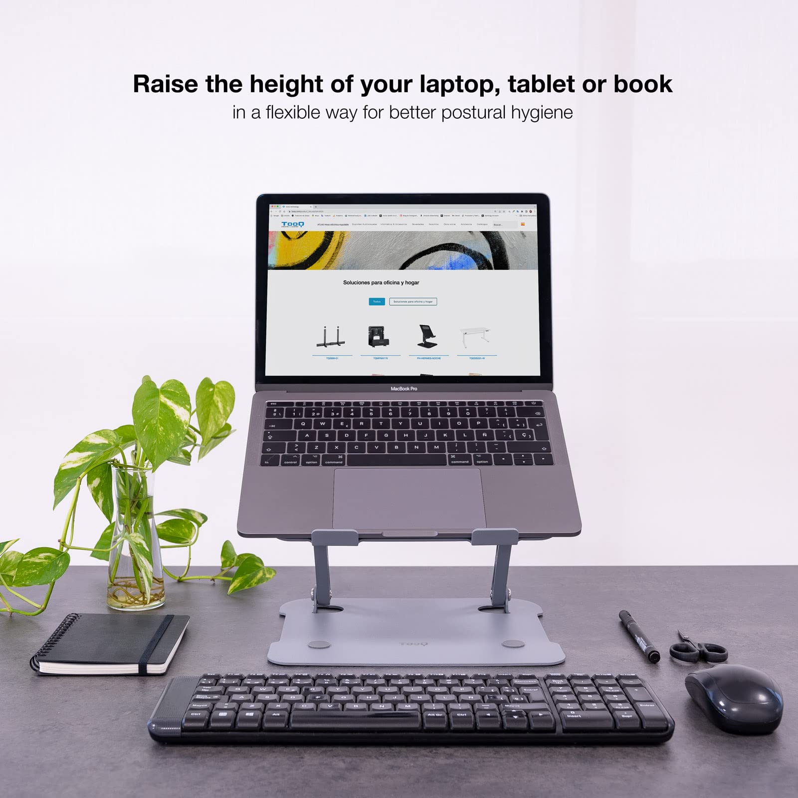 TOOQ TQLRS0012-AL-G - Soporte Elevador de Aluminio Ajustable Ergonómico para Portátiles, Color Gris