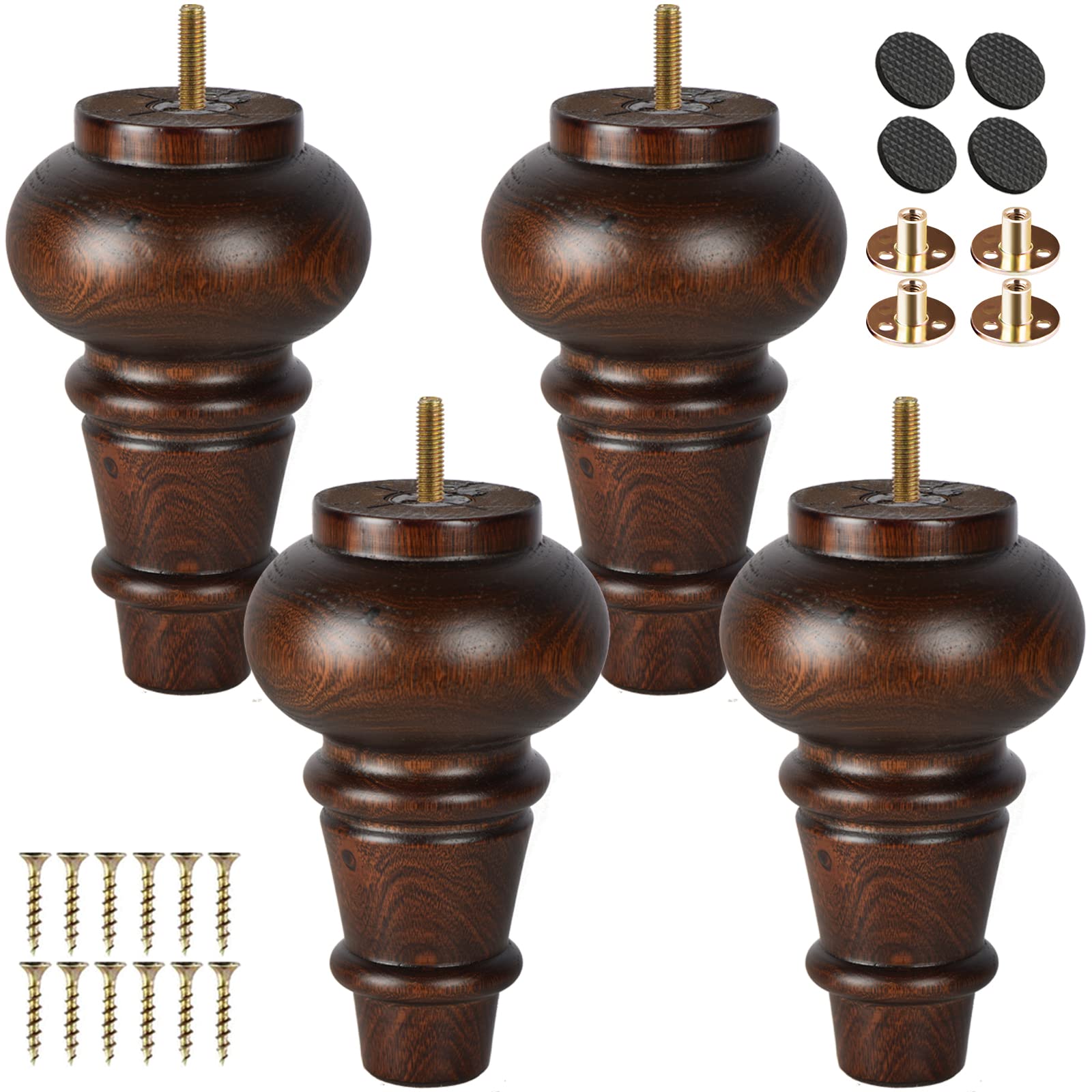 TCHOSUZ 6 inch / 15cm Wooden Furniture Legs, Pack of 4 Classic Glaze Solid Wood Turned DIY Replacement Bun Feet with M8 Hanger Bolts & T-Nuts for Sofa Couch Cabinet Buffet Table Ottoman Riser — image 1