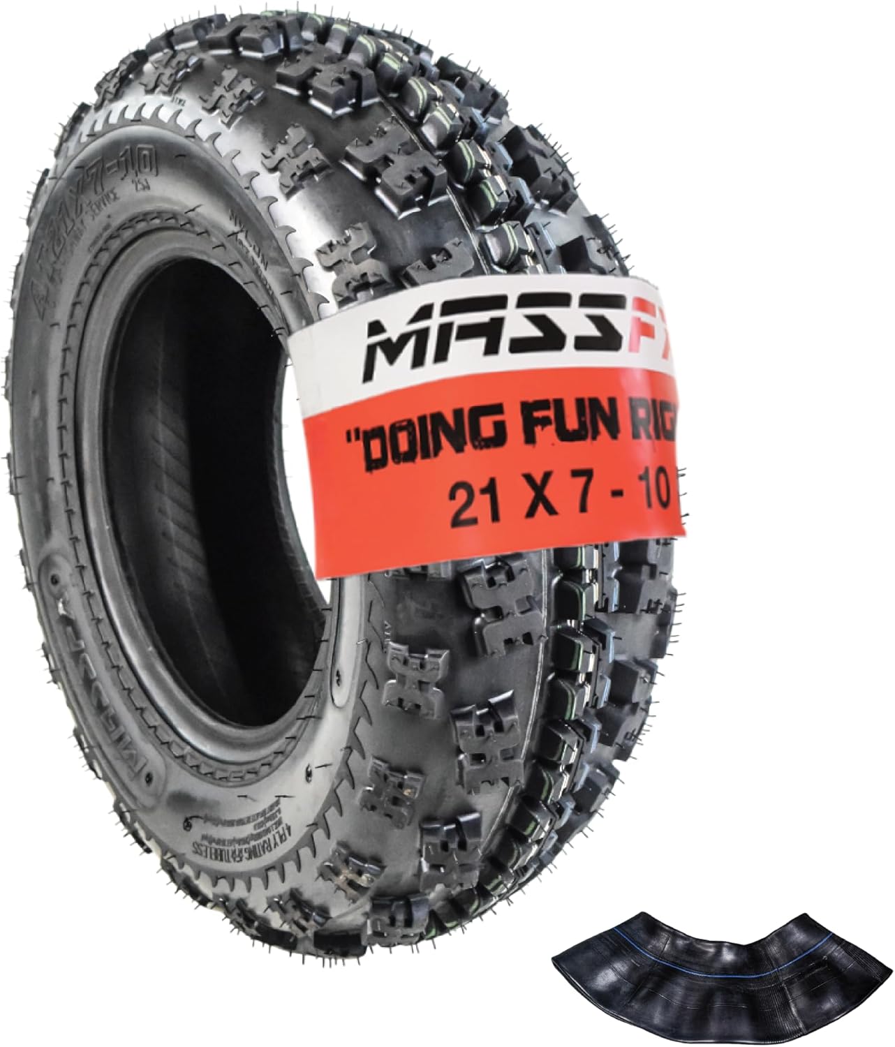 MASSFX 21x7-10 Front Tire & Inner Tube with TR-6 Valve for Sport Quad: All-Terrain (ATV), Utility-Task (UTV), and Side-by-Side (SxS) Vehicles - 4-Ply with 15mm Tread Depth 21x7x10