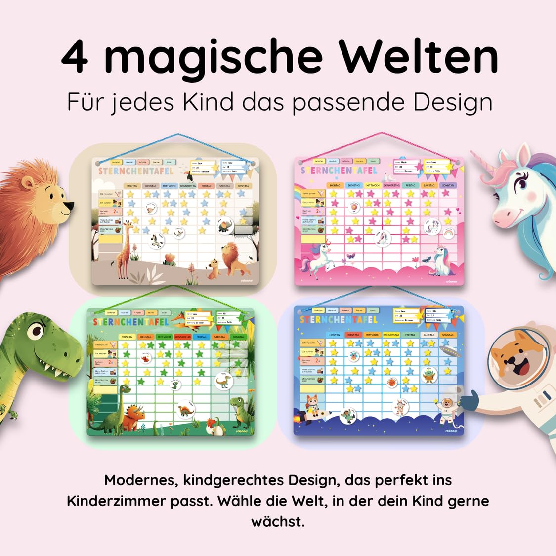 Rabano Belohnungstafel für Kinder – [400 Magnete + über 100 Aufgaben] - Belohnungssystem - Routine Planer & Wochenplaner Kinder, Haushaltsplan (Einhorn)