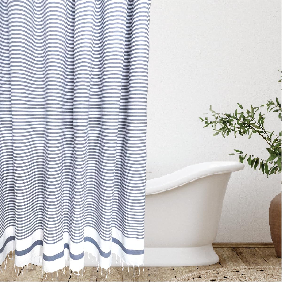 HALL & PERRY Modern Fabric Shower Curtain 100% Cotton Fabric with Plastic Liner and Rings for Bathroom Décor (Chambray 2 Combo, 72"x72")