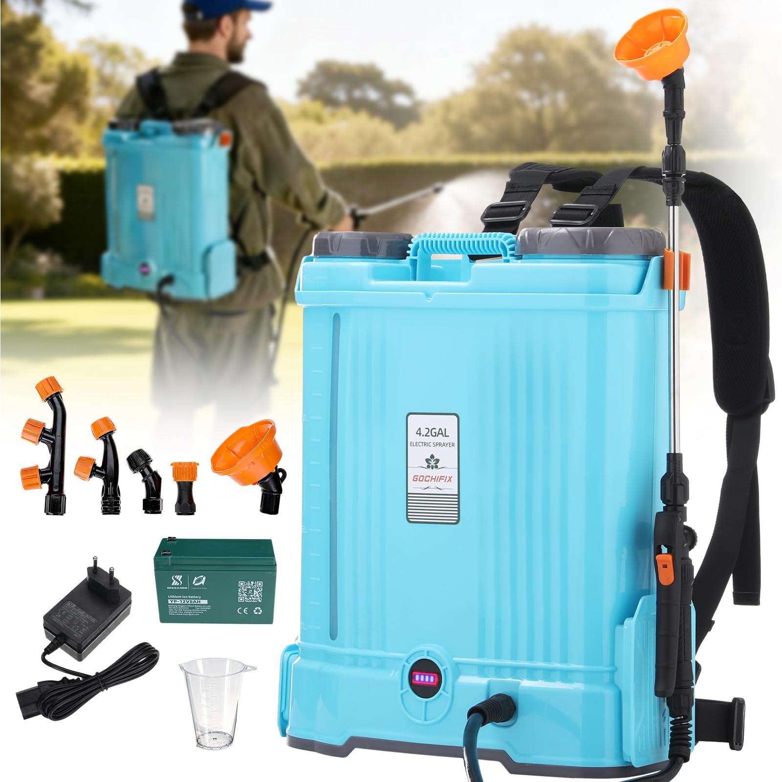 Gochifix Backpack Garden Sprayer, 4.2 Gallon Electric Weed Sprayer w/ 5 Nozzles, Stir & Pressure Adj, Telescopic Wand, Battery Indicator, Battery Powered Rechargeable Auto Pump Sprayer for Yard, Lawn