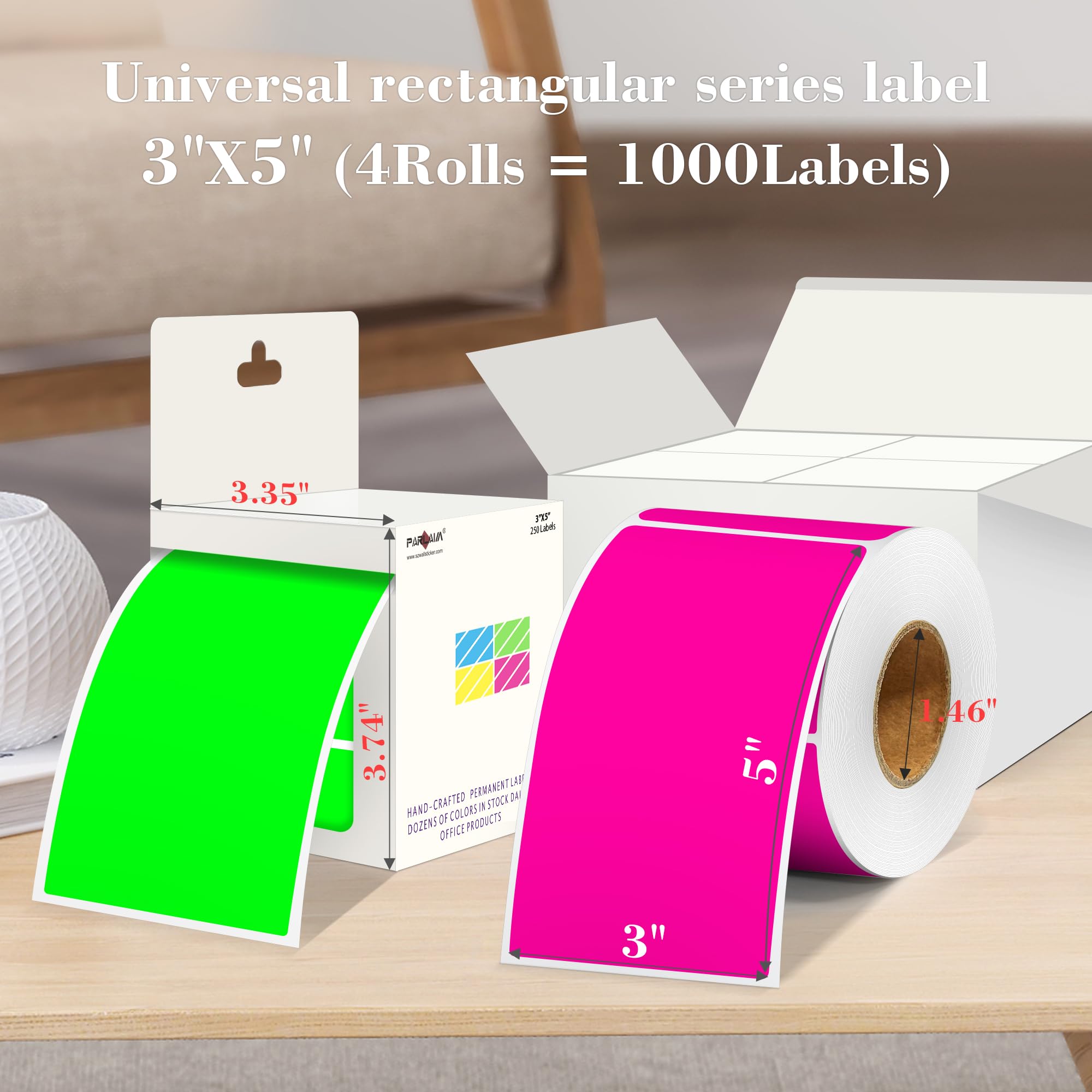 PARLAIM Adesivi rettangolari colorati per inventario, 12,7 x 7,6 cm, 1000 pezzi, 4 rotoli di etichette adesive quadrate per scatole in movimento (colori fluorescenti)