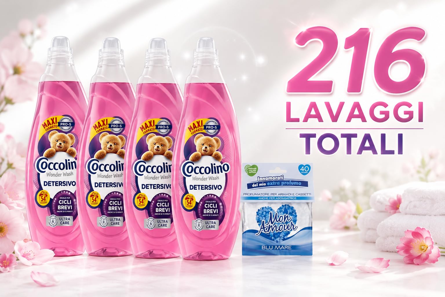 Coccolino Wonder Wash Ultra Care 4 x 54 Lavaggi (216 Totali) – Detersivo Liquido Lavatrice 2160 ml x4 – Ideale per Cicli Brevi – Maxi Scorta Convenienza + Profumatore Mon Amour in Omaggio