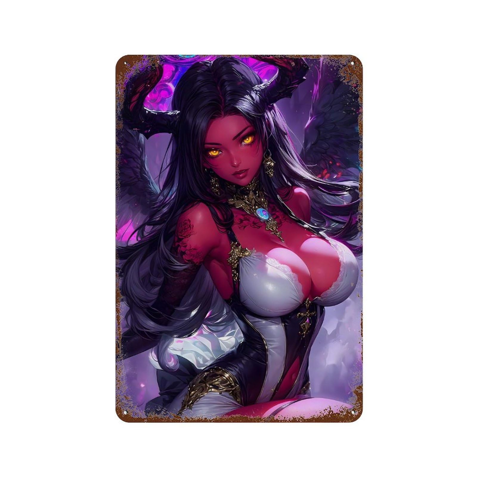 Demoness with Wings Rust Effect Tin Sign 11.8"x7.9", Retro Wall Decor for Pub, Kitchen And Man Cave Decor