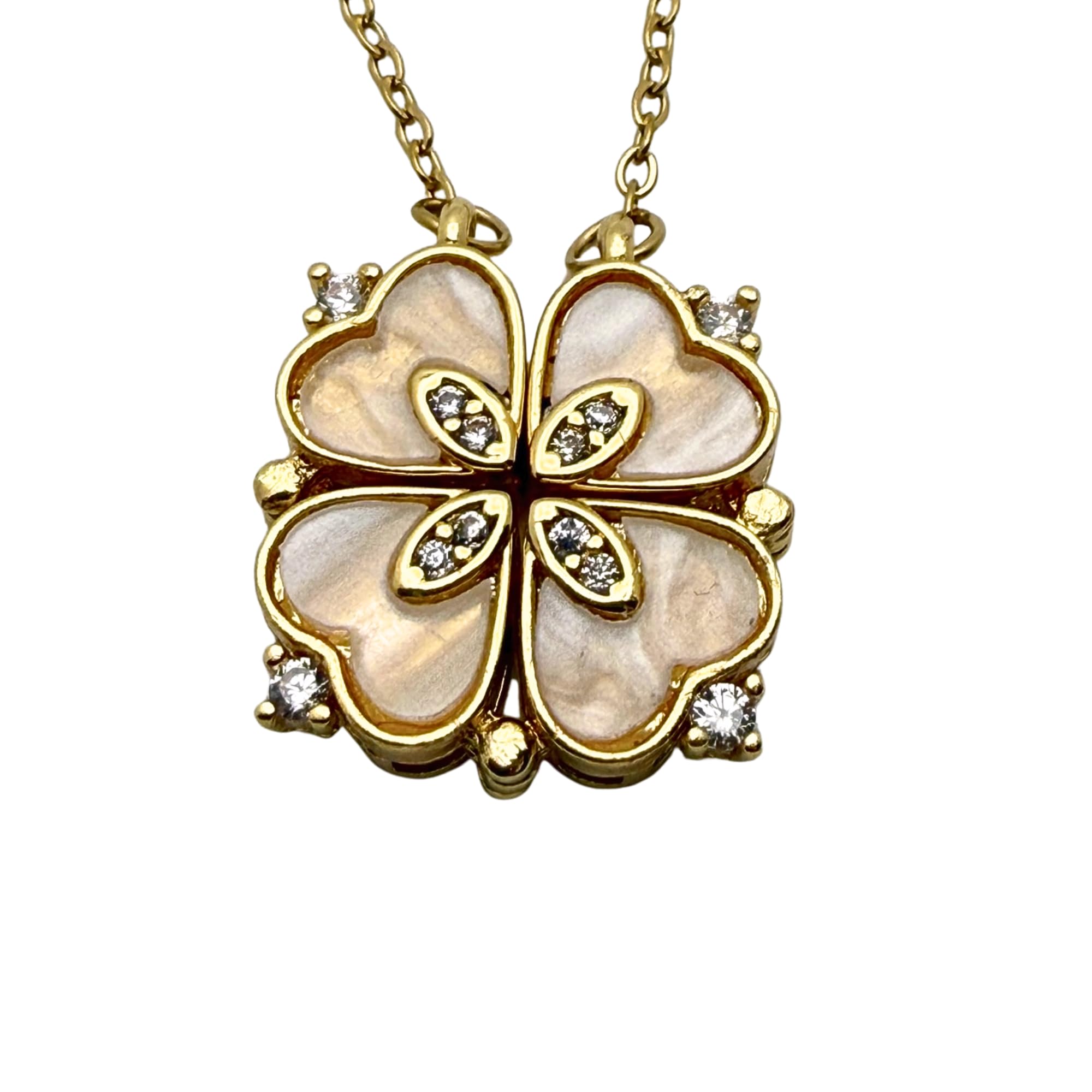 Four Leaf Clover Folding Pendant Necklace for Women – 2-in-1 Convertible Design – Gold &amp; Silver Plated Zircon Jewelry