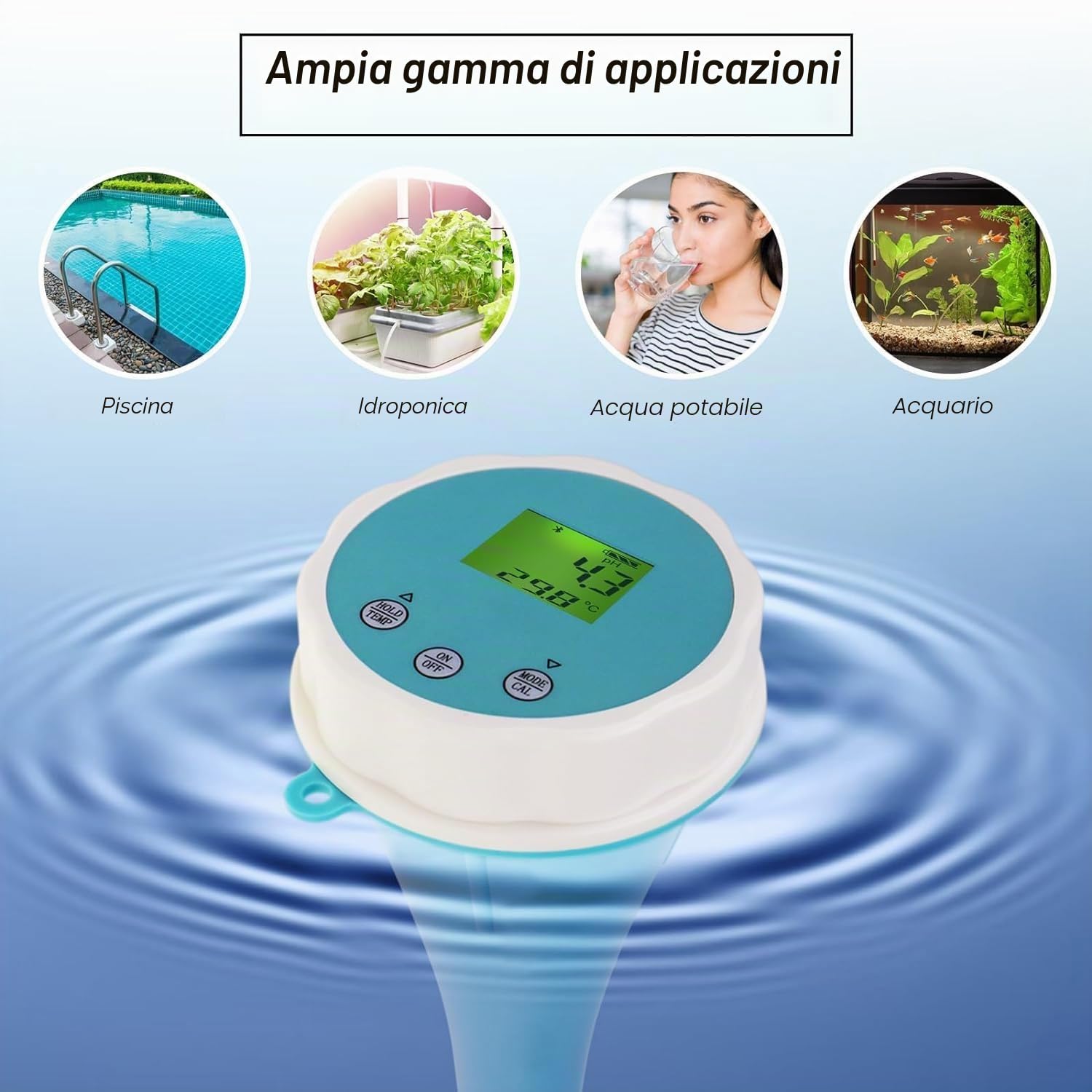 Tester di qualità dell'acqua intelligente: monitor galleggiante Bluetooth 6 in 1 per piscine, spa e colture idroponici - misurazione di pH, EC, ORP, cloro, salinità e temperatur