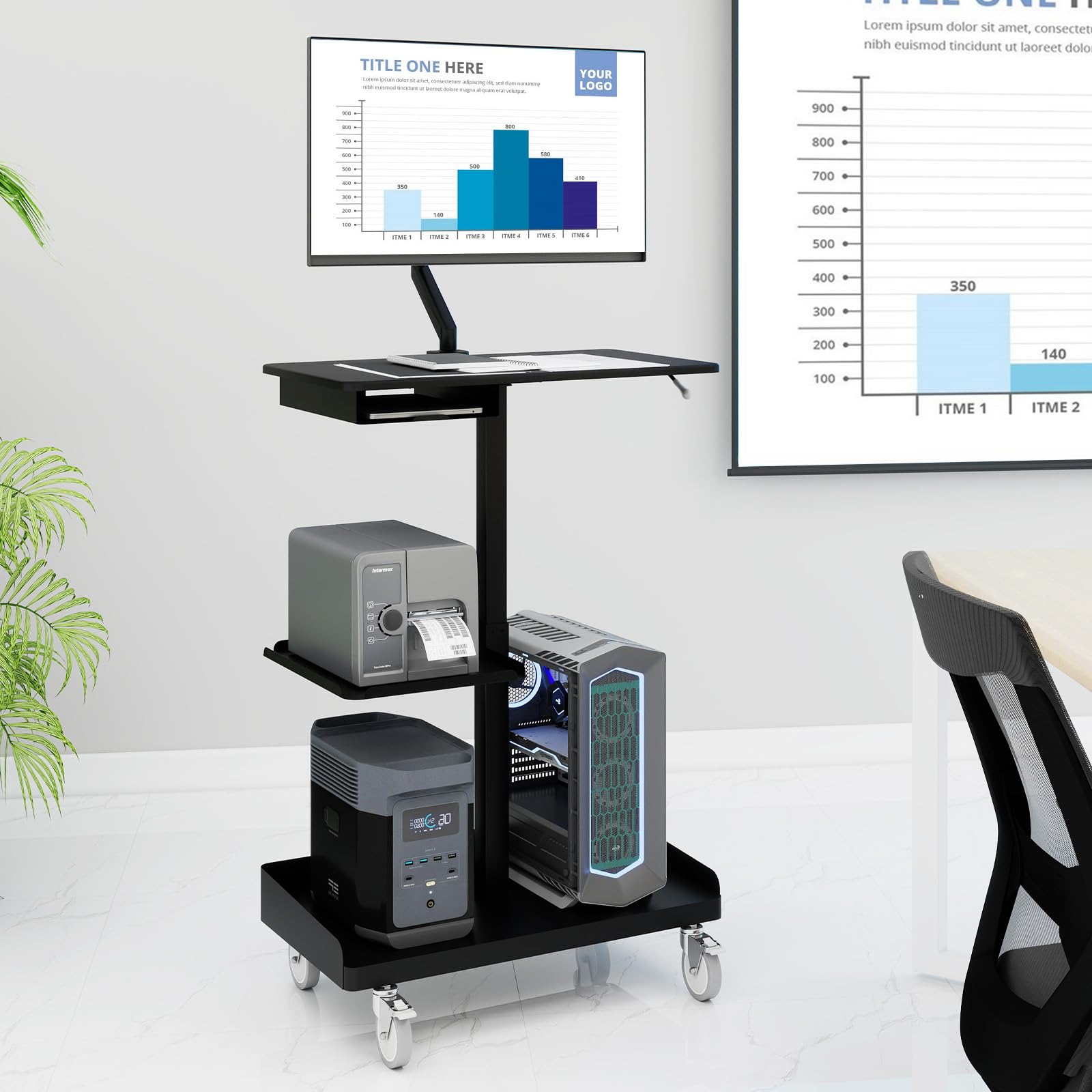 PUNCIA Mobile Workstation Cart with Monitor Mount,Height Adjustable Rolling Computer Cart, Heavy-Duty Rolling Standing Desk with CPU Holder for Home Office, School,Warehouse, Medical, Workshop
