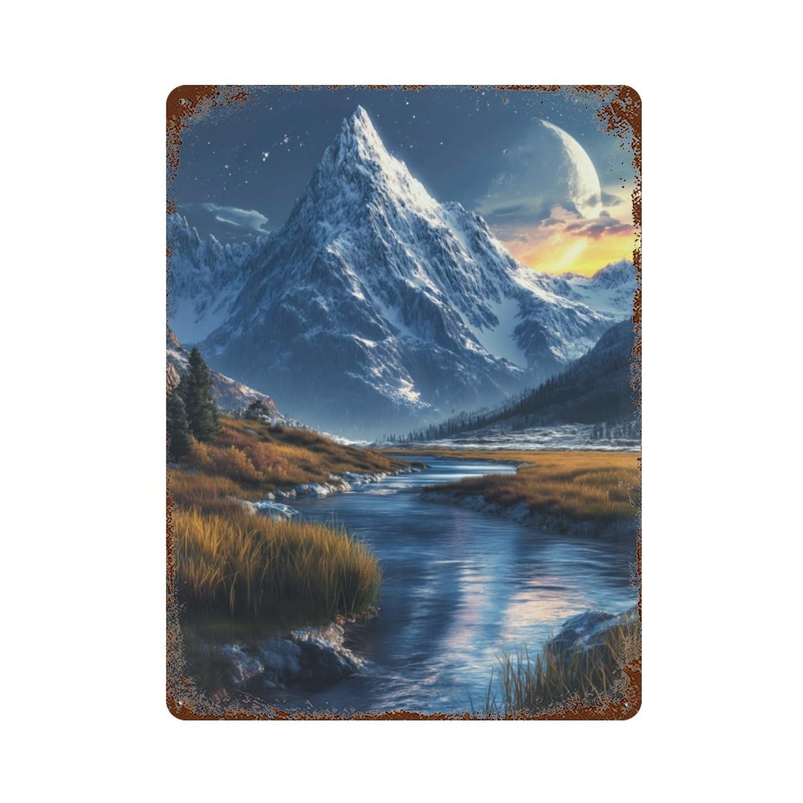 Mountain Peak And River Vintage Wall Sign 15.7"x11.8", Rust Effect Metal Decor for Cafe, Home Bar And Lounge Decor