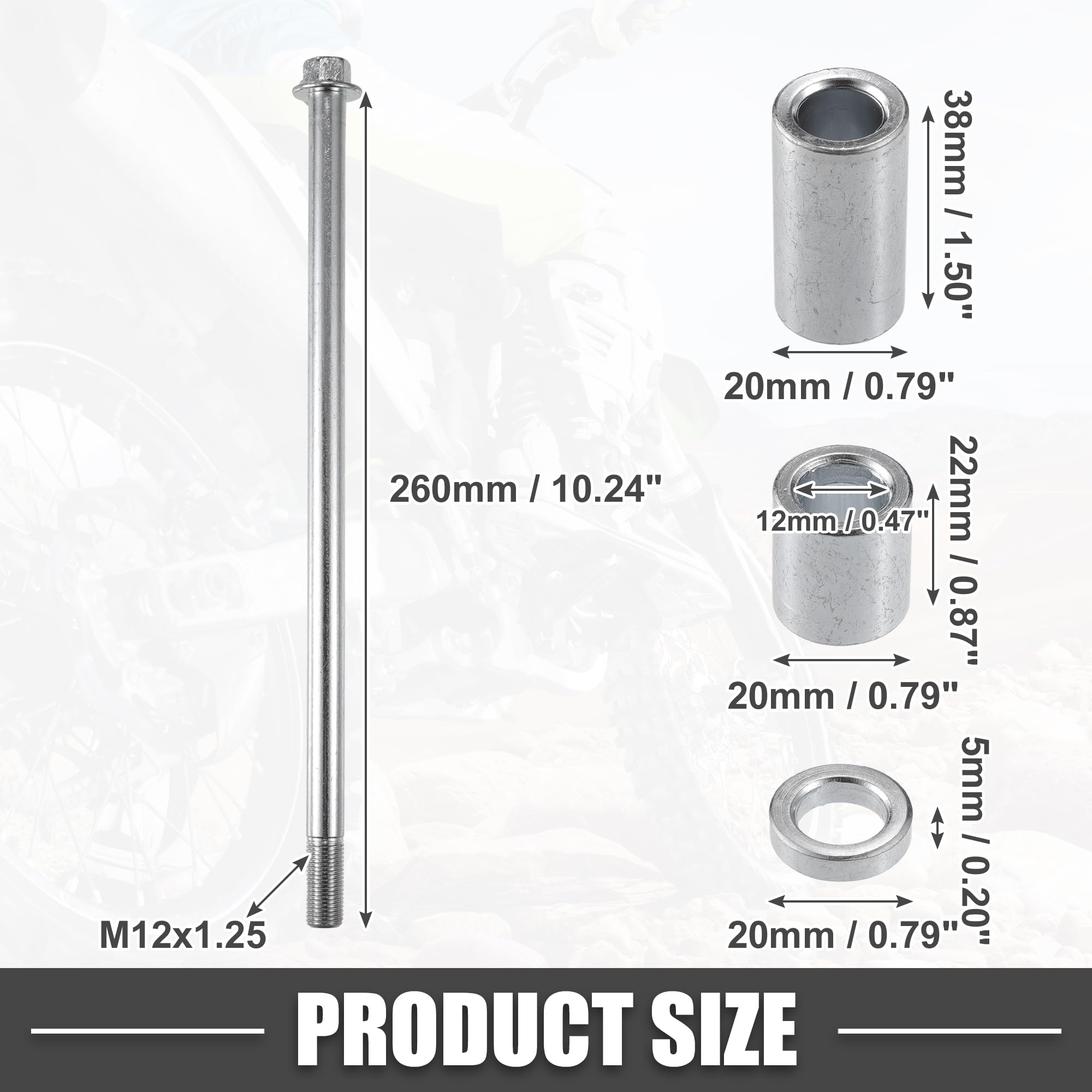 A ABSOPRO Asse anteriore posteriore con boccola e bullone a vite M12 260mm per moto da cross, scooter, ATV, asse ruota in lega d'acciaio tonalità argento
