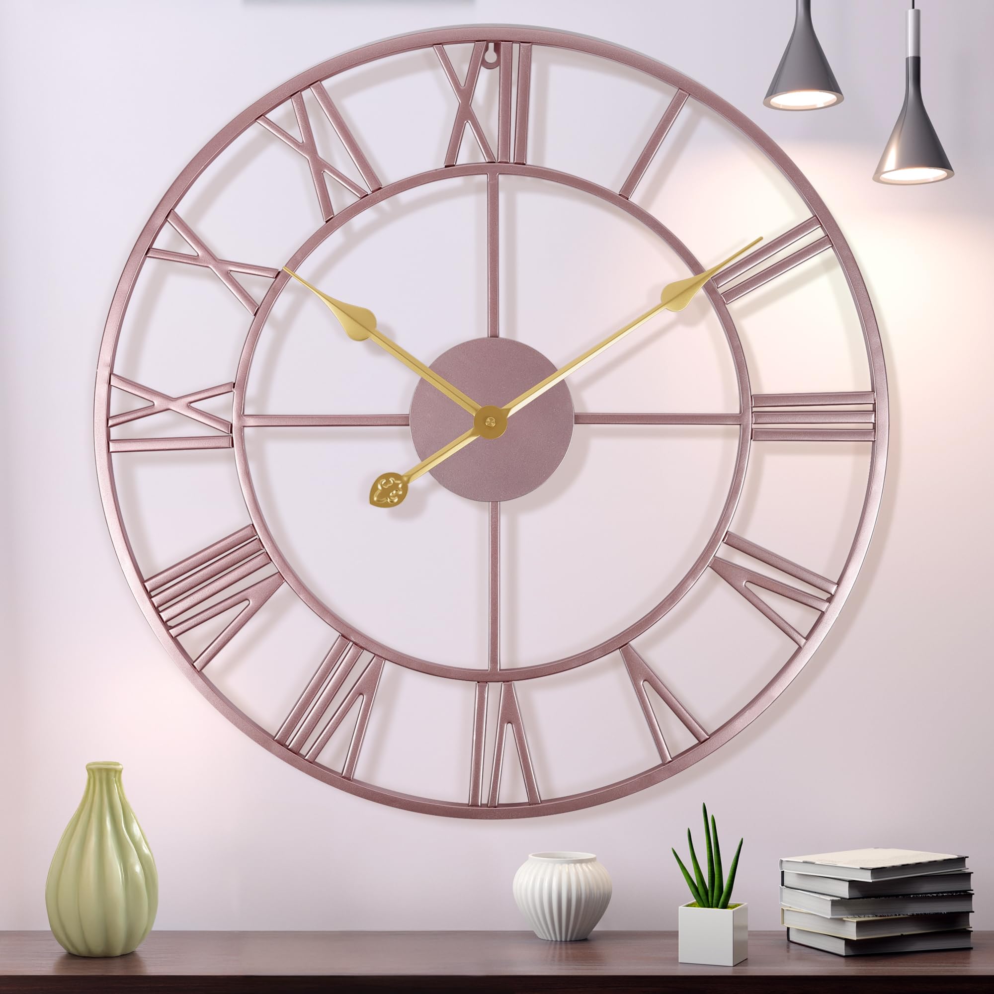 Lafocuse 56cm Reloj de Pared Grande Salon, Oro Rosa Único Silencioso Metal Números Romanos con 2 Pares de Agujas, Moderno Elegante Reloj XXL Vintage Decorativo para Cocina Dormitorio Comedor