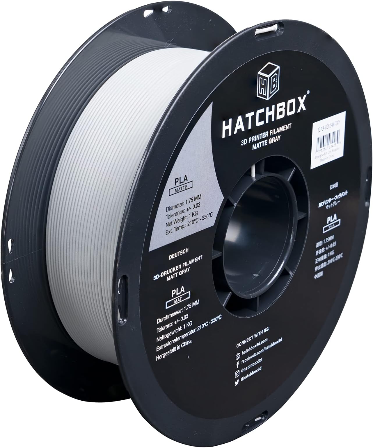 HATCHBOXMatte PLA 3D Printer Filament, Dimensional Accuracy +/- 0.03 mm, 1 kg Spool, 1.75 mm, Gray