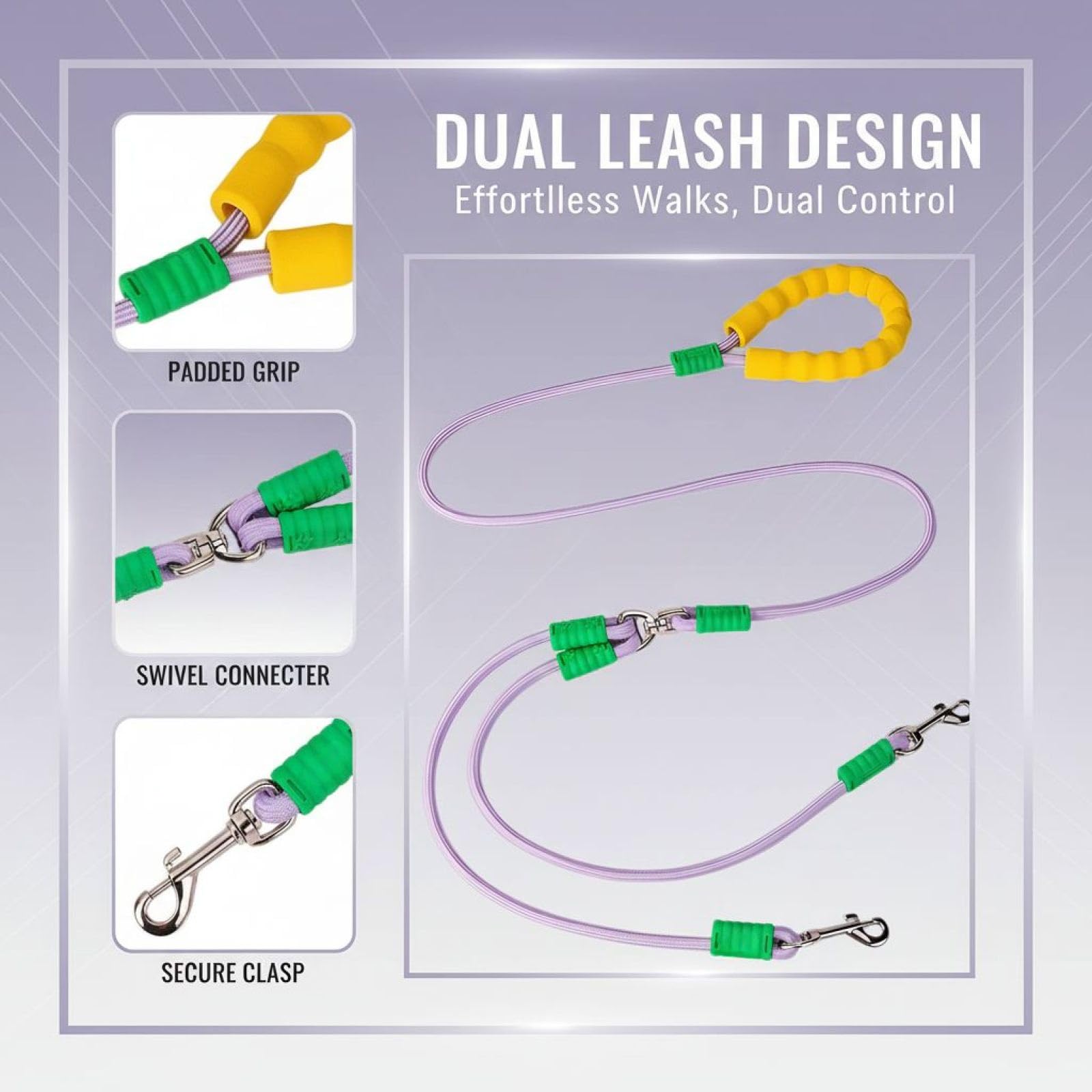 Doppelleine für 2 Hunde, zughemmend, Größe M, 0,8 cm dick, 150 cm lang, Nylon mit Schaumstoffgriff und Metallbeschlägen, elastische Verlängerung fürs Outdoor-Training, Gelb/Lila, 2-Wege-Verbinder
