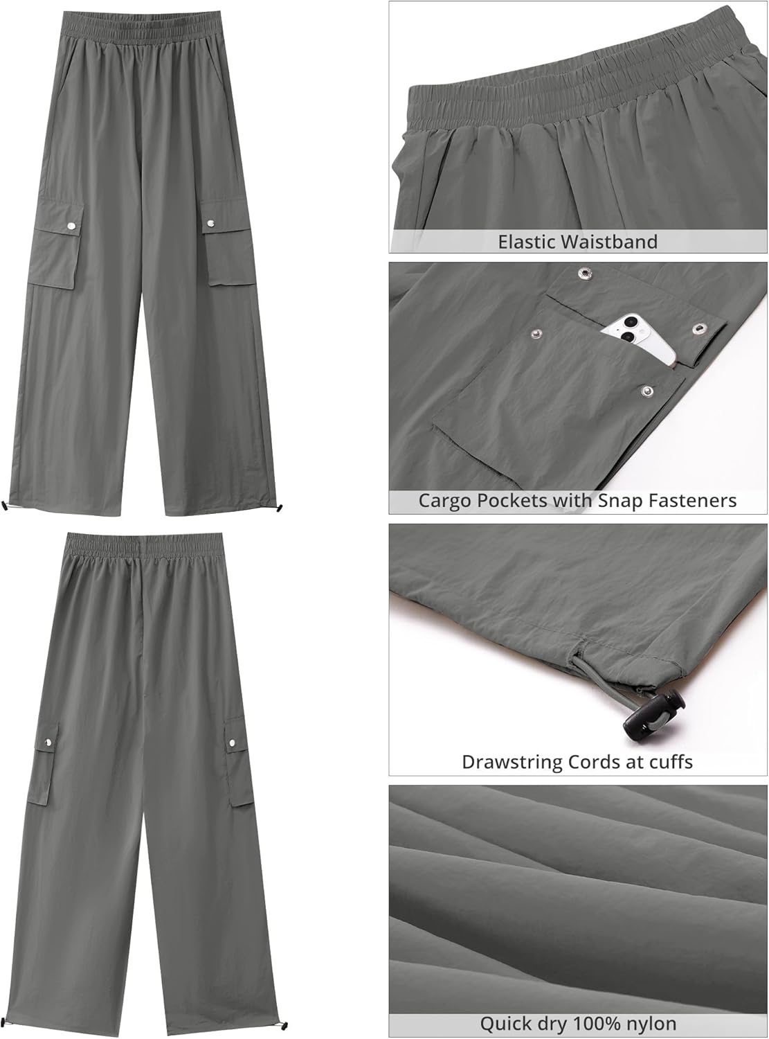 Miniatura 5 de GRAPENT Pantalones cargo para mujer, cintura alta, holgados, de paracaídas, cintura elástica, cordón ajustable, de nailon, Y2K