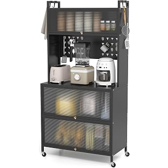 komfotteu kitchen cabinet with 5/6 levels sideboard with 4 hooks & 10 dowels buffet cabinet with worktop & cabinets kitchen buffet with 4 universal wheels 80 x 40 x 160 cm black