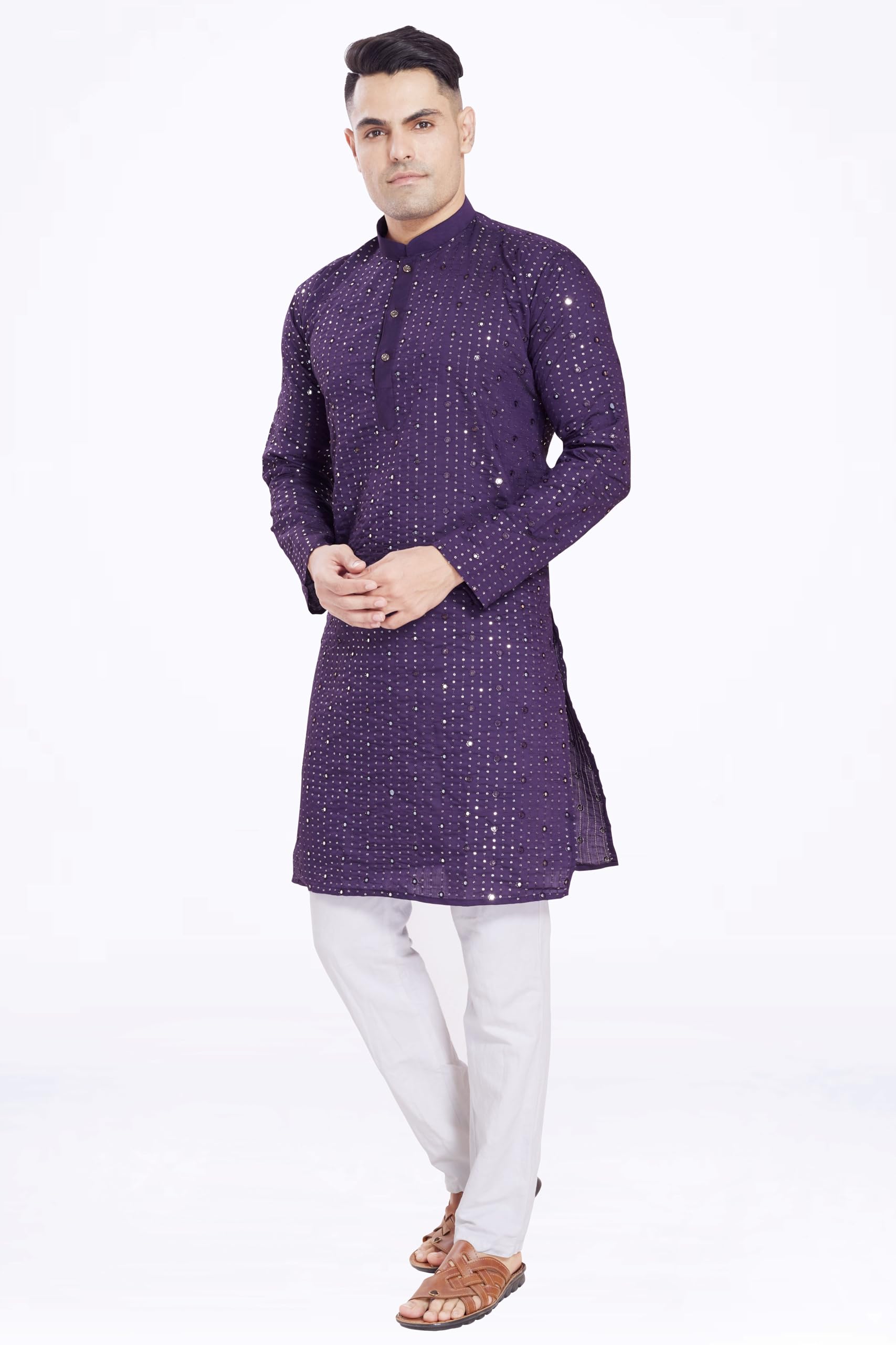 Divisive Men's Sequince Mirror Embroidered Cotton Silk Blend Only Slim Fit Kurta (Dkrt175_S_Purple)