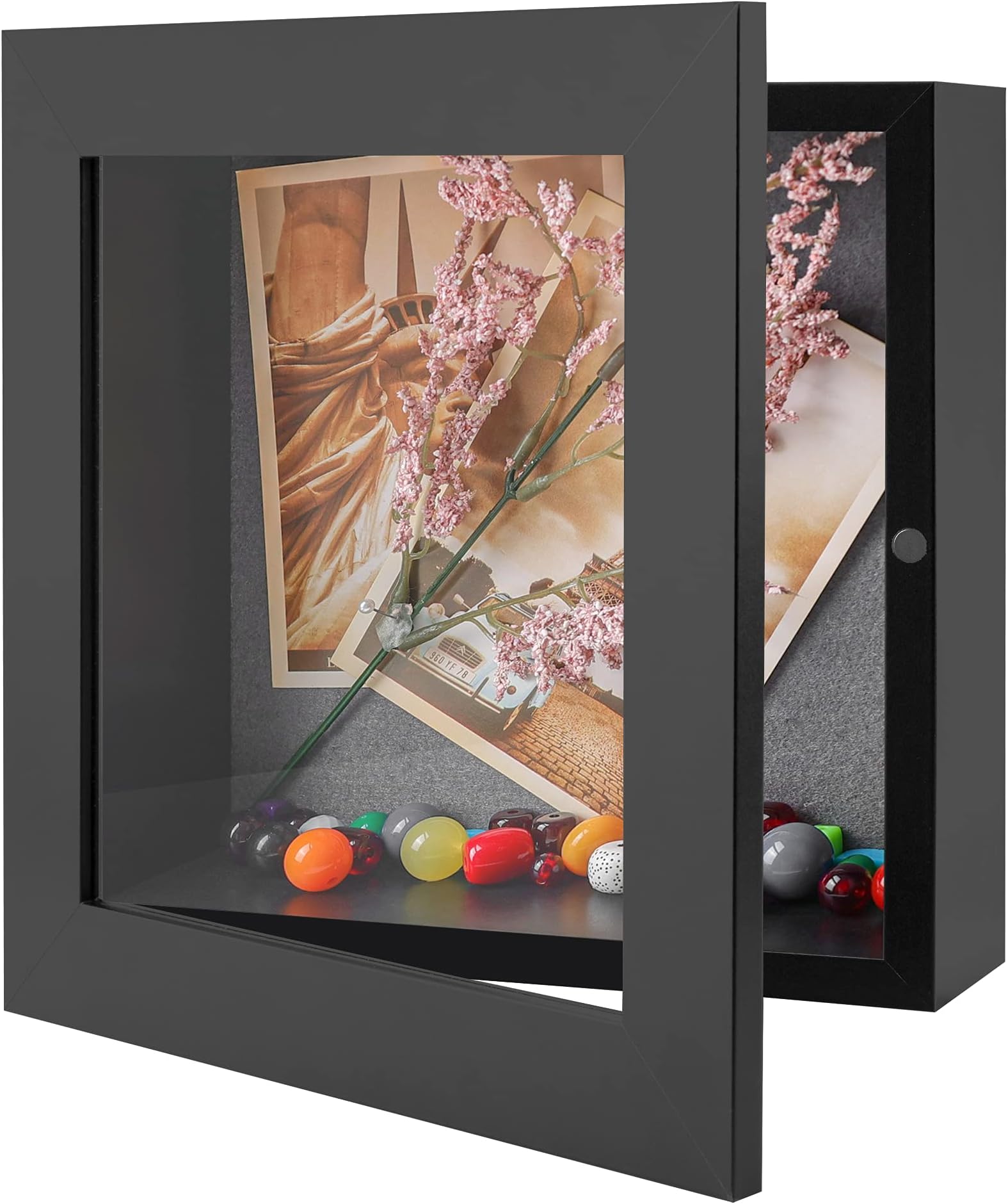 Frametory8x8 Shadow Box Frame - Front Opening - 2 inch Depth Display Box for Wall and Tabletop Display- Memory Box, 6 Pins Included (8x8, Black)