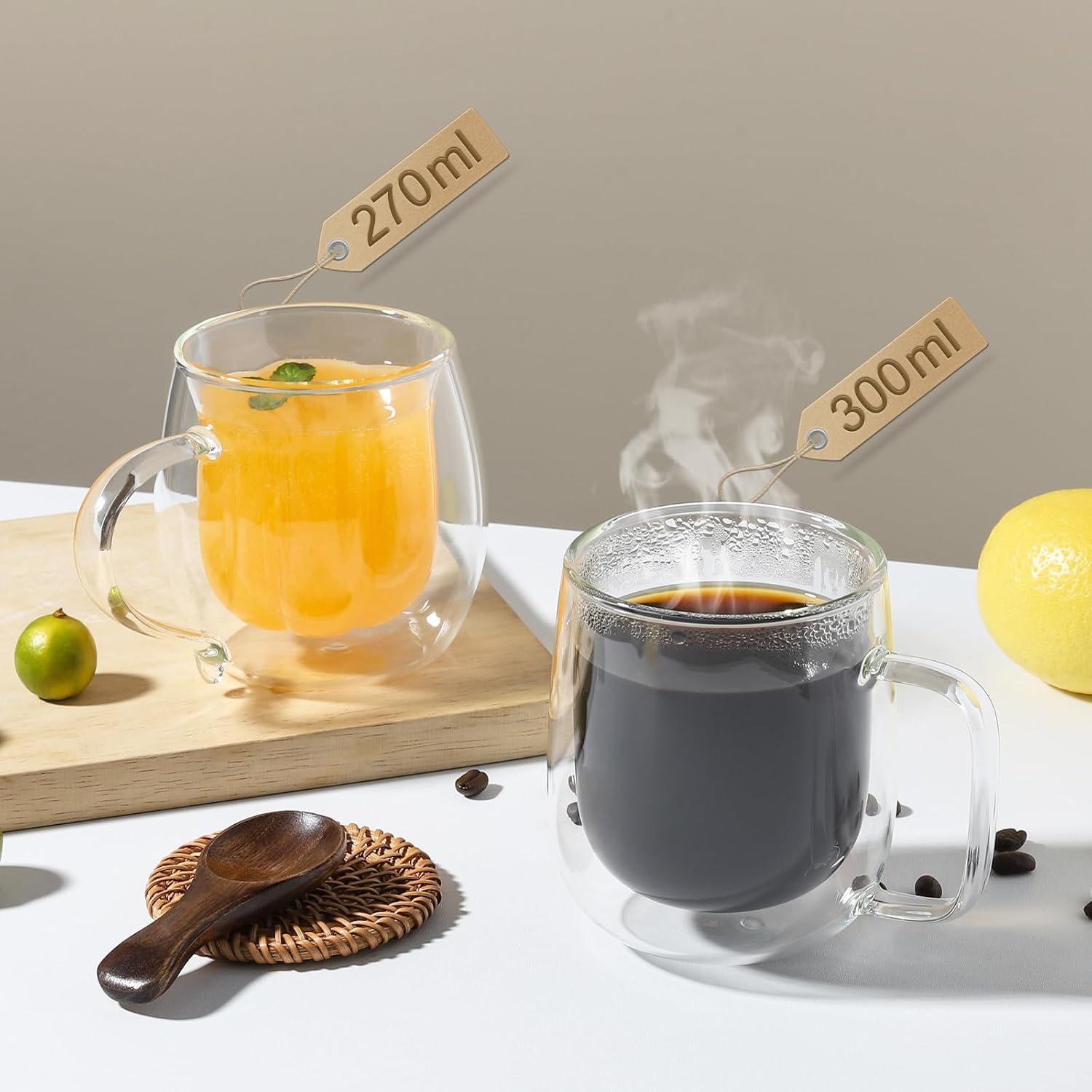 VKCHEF ダブルウォール グラスカップ 300ml 1個 二重構造 耐熱ガラス コーヒーカップ グラス マグコップ おしゃれ ティーカップ 保温 保冷 結露しない ギフト ガラス食器 食洗機対応