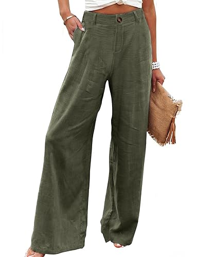 Hooever Womens Cotton Linen Pants Casual Button Up High Waisted
