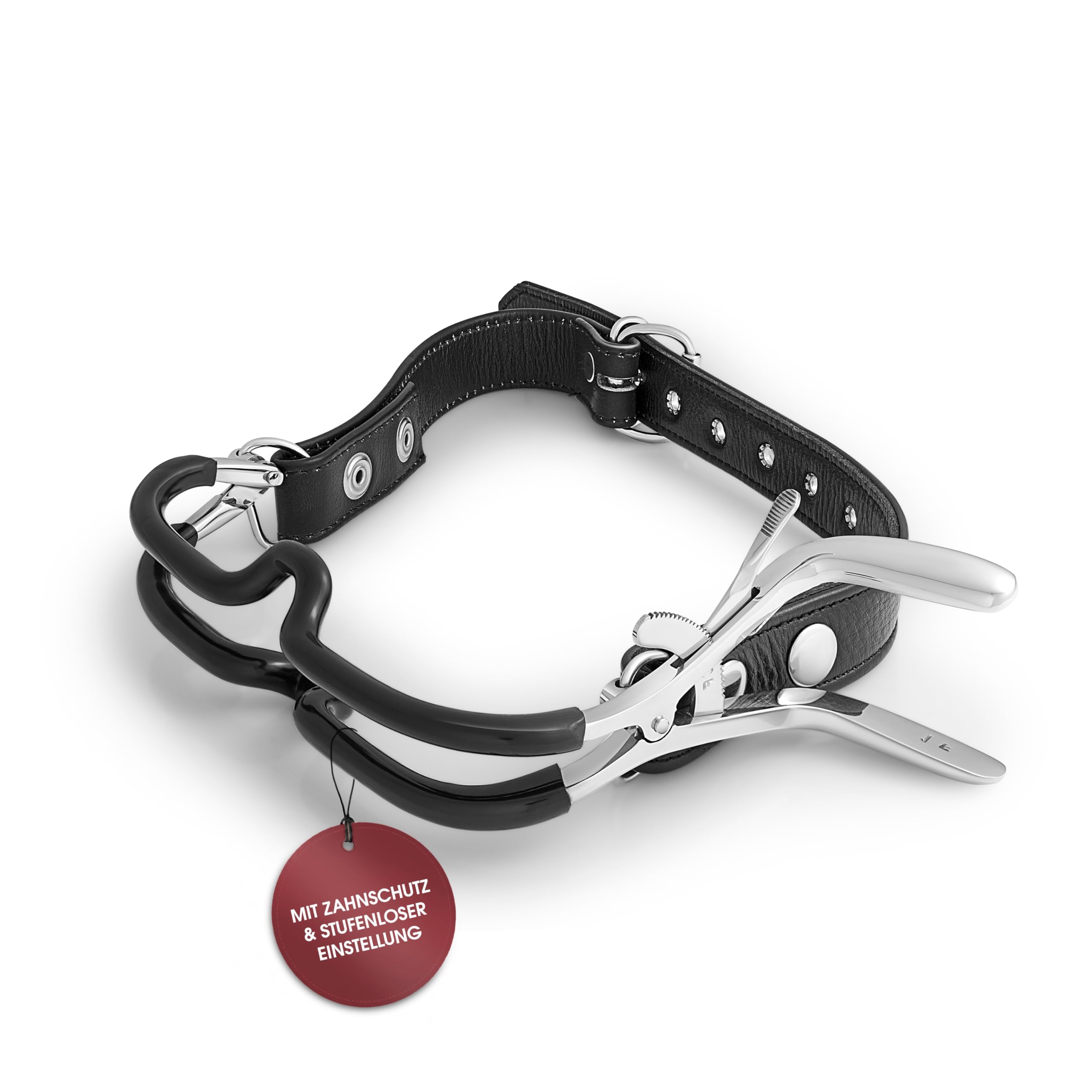 Mens-Shop24 Écarteur de bouche réglable en acier inoxydable avec protection dentaire et sangle cuir - Ouvre-bouche BDSM, bâillon métal, accessoire bondage adulte, écarteur buccal ajustable MS1
