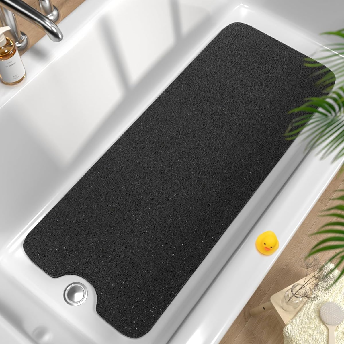 HITSLAM Non Slip Bathtub Mat 40 x 16 Inch, Extra Long Bath Mat for Tub, Soft PVC Loofah Shower Floor Mat with Drain, Quick Drying Bathroom Tub Mat for Wet Area, Without Suction Cup, Black