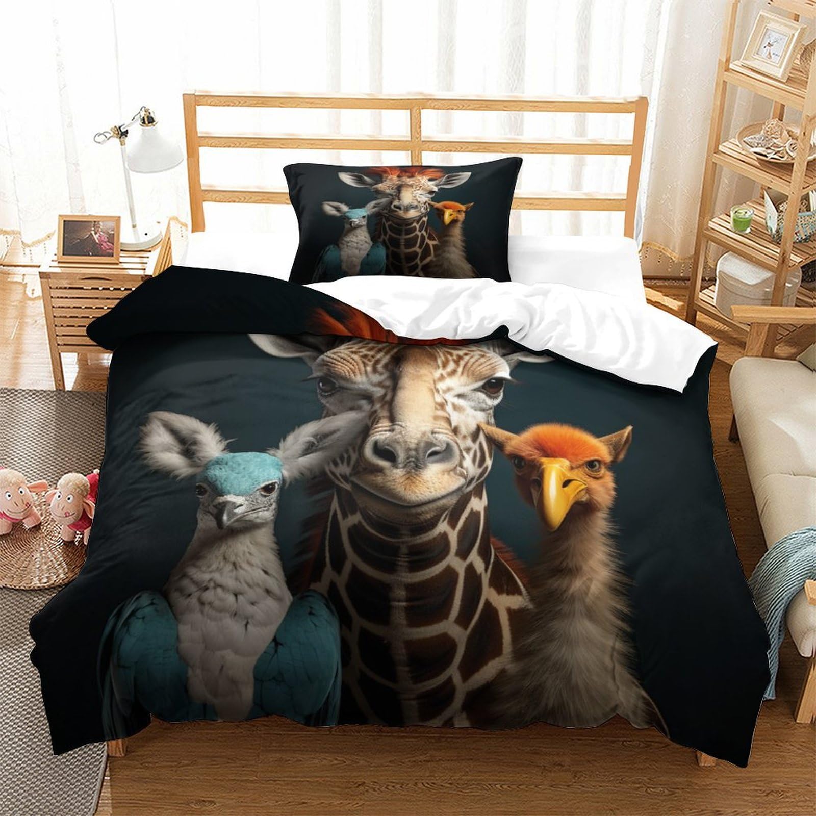 P1S9U7W5Y Whimsical Animals 3D Printed Microfiber 3 Piece Duvet Cover Set Bedroom Decor Animal Print Bedding Set for Adults and Teens Single（135x200cm）