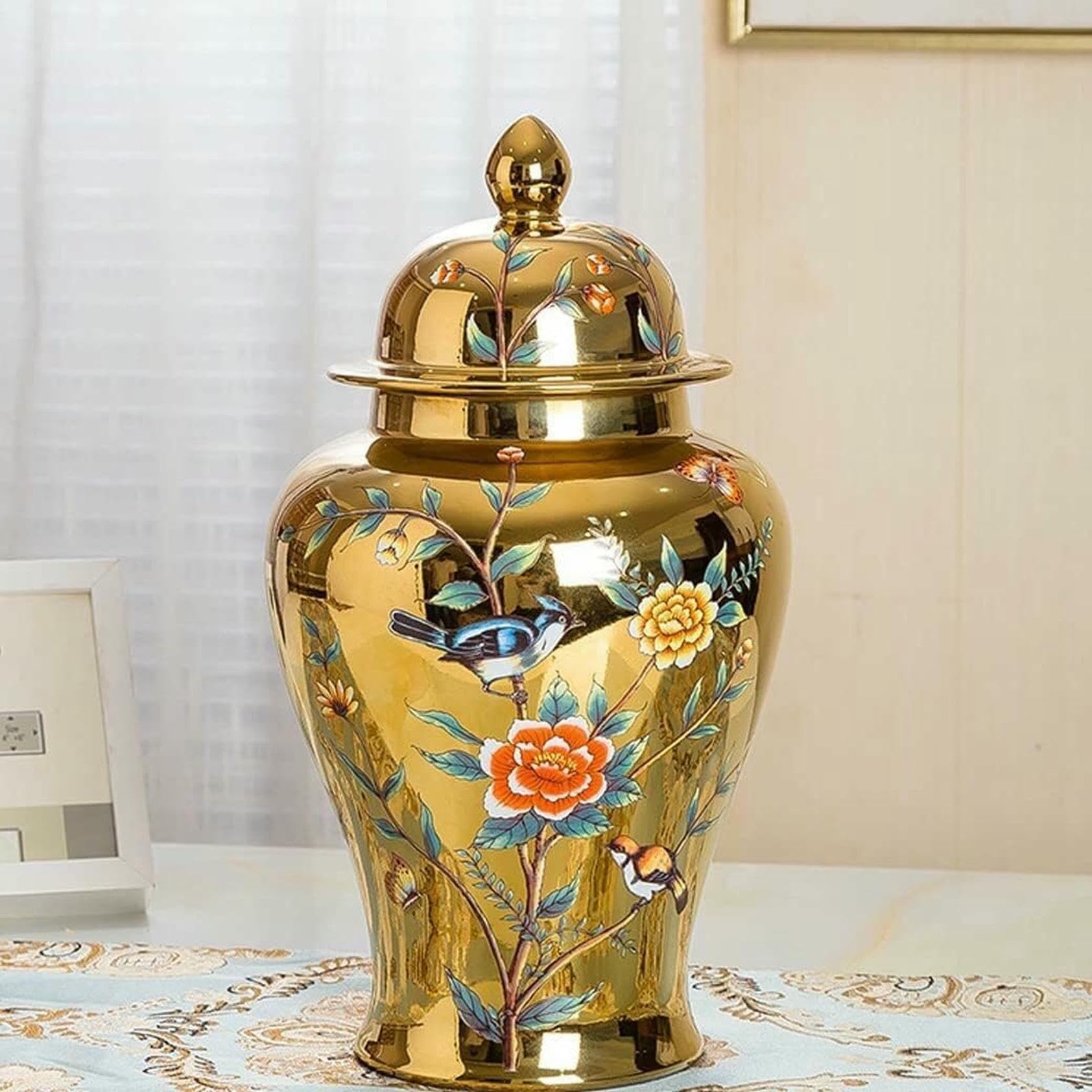 Duży słoik na imbir, złote ceramiczne wazony, słoiki na imbir z pokrywką do wystroju domu, tradycyjne wazony na suszone kwiaty, chiński dekoracyjny słoik porcelanowy,
