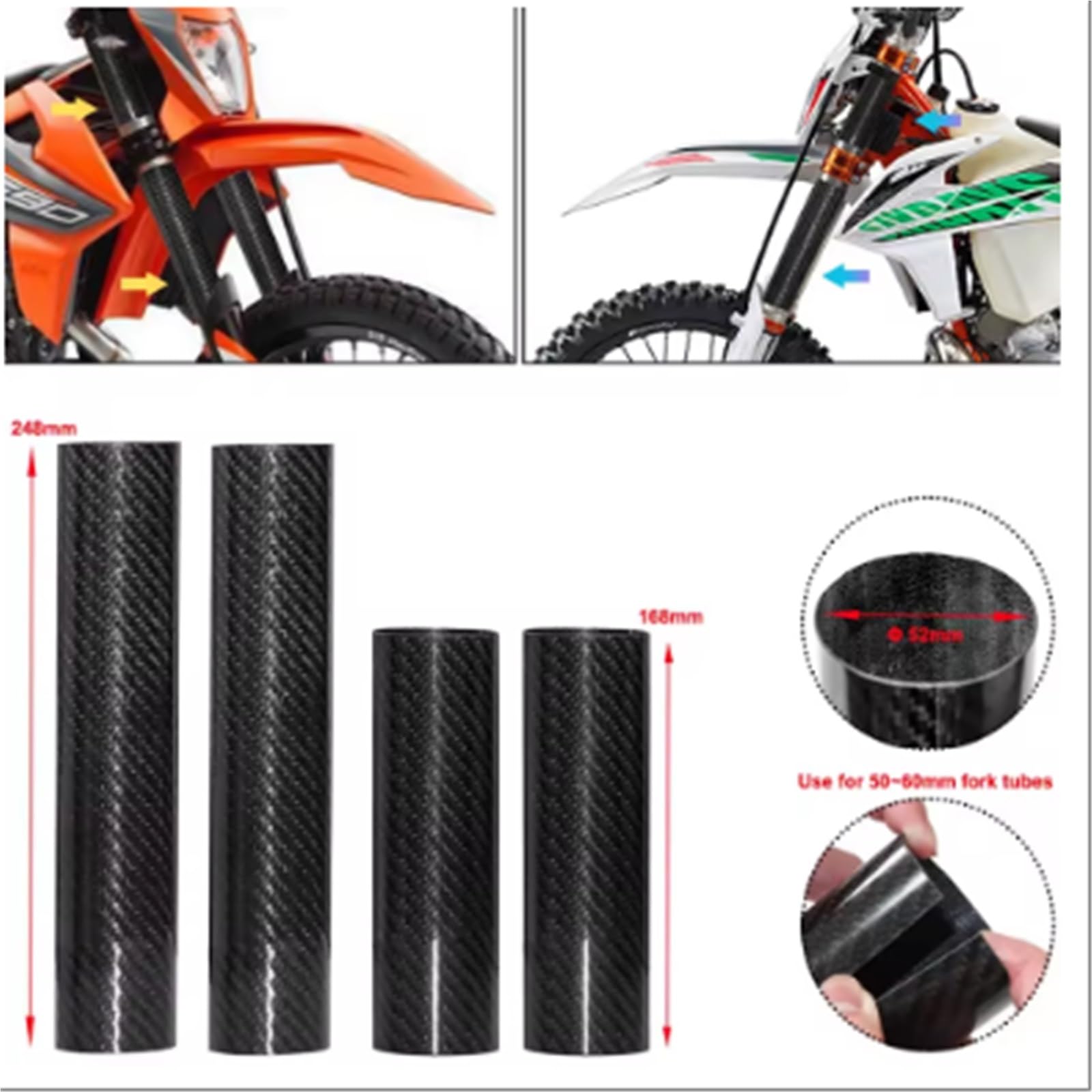 osłony amortyzatorów Dirt Bike Motocross Carbon Fiber Przedni widelec Owijki Skins Osłona rury widelca Osłona Osłona - Uniwersalny montaż(248mm)