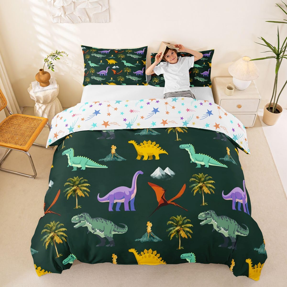 Erosebridal Kids Cartoon Dinosaur Duvet Cover Toddler for Kids Boys Girls,Colorful Dinos Comforter Cover,Cute Jungle Animals Bedding Set,Palm Trees Bed Set with 1 Pillowcase Bedroom Decor
