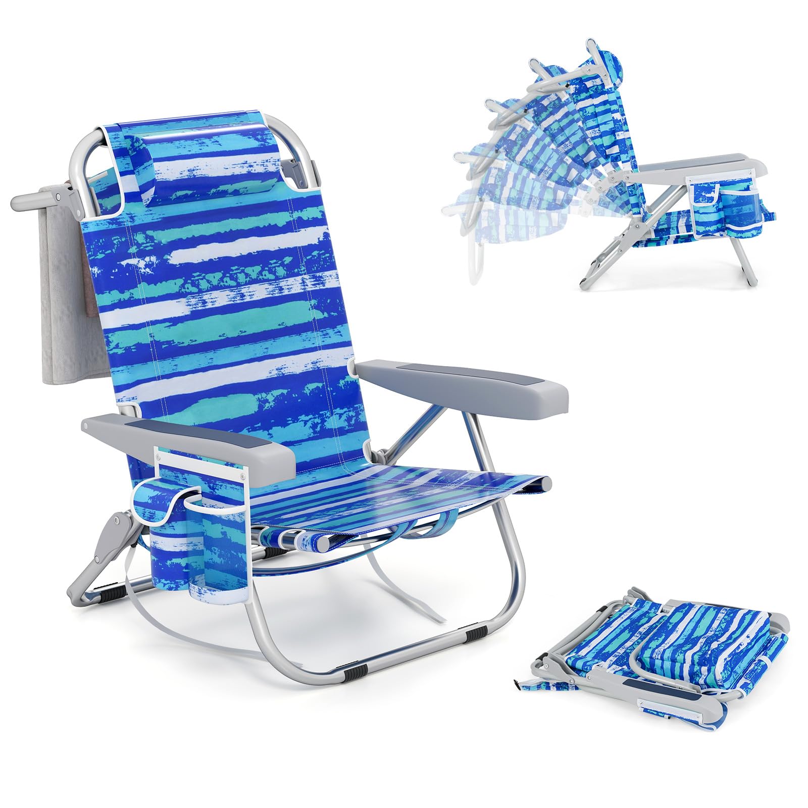 KOMFOTTEU Sedia da Spiaggia con Poggiatesta e Tasca Laterale，Strisce Blu：1 | Spiaggina Pieghevole con Schienale Regolabile in 5 Posizioni, Carico 150 kg, Lettino Prendisole da Mare, Campeggio, Pesca