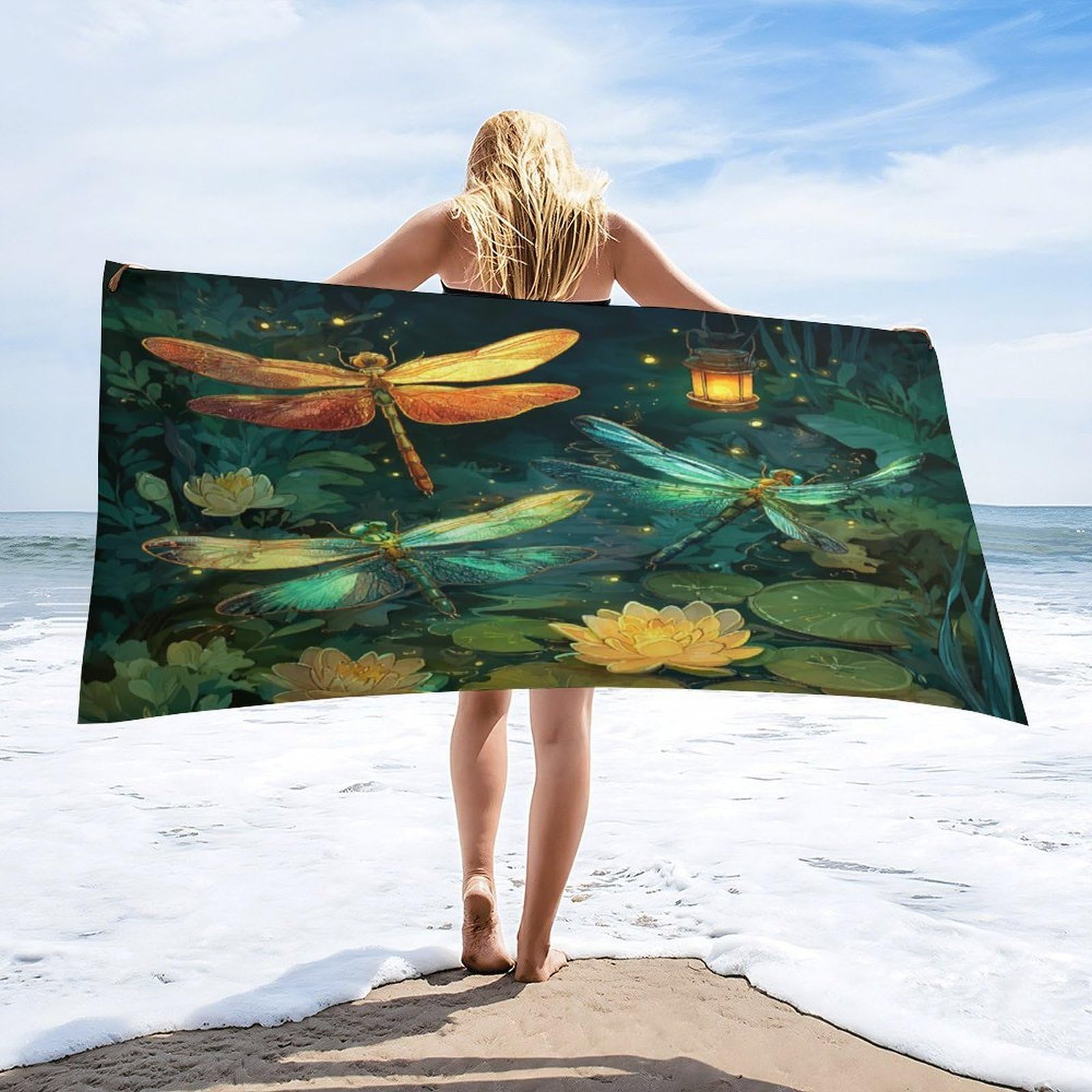 Luyysky Colorful Japanese Animal Dragonfly Quick-Drying Beach Towel, Beautiful Oil Painting Starry Sky Galaxy Plant Lotus Flowers Travel Vacation Single Sided Pile Bathroom Towels-80 W Cm X 160" L Cm