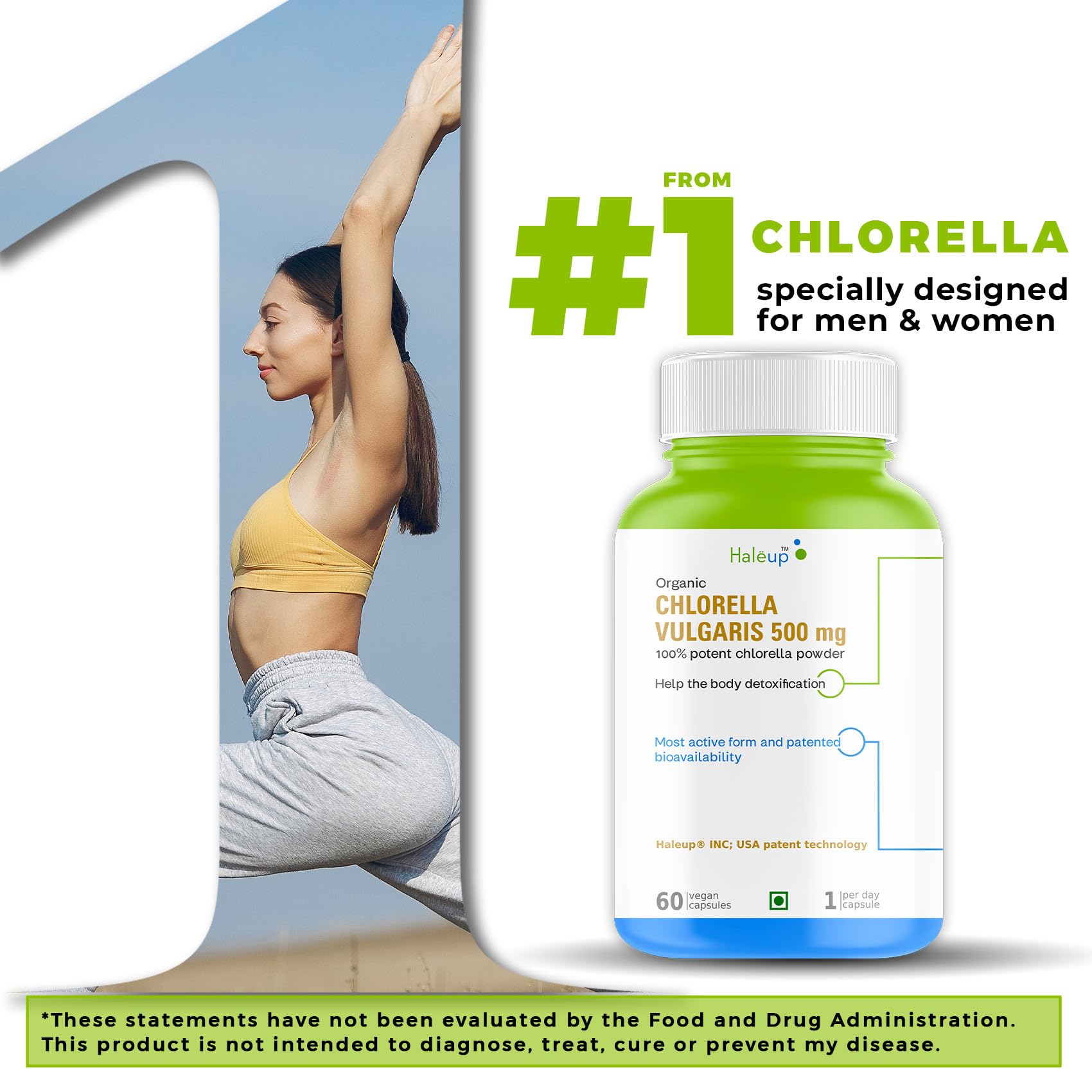 Haleup Organic Chlorella Detox Caps 600 mg | Protects Liver and promotes Health | Removes Heavy Metals & Body Toxins I 60 Veg Capsules