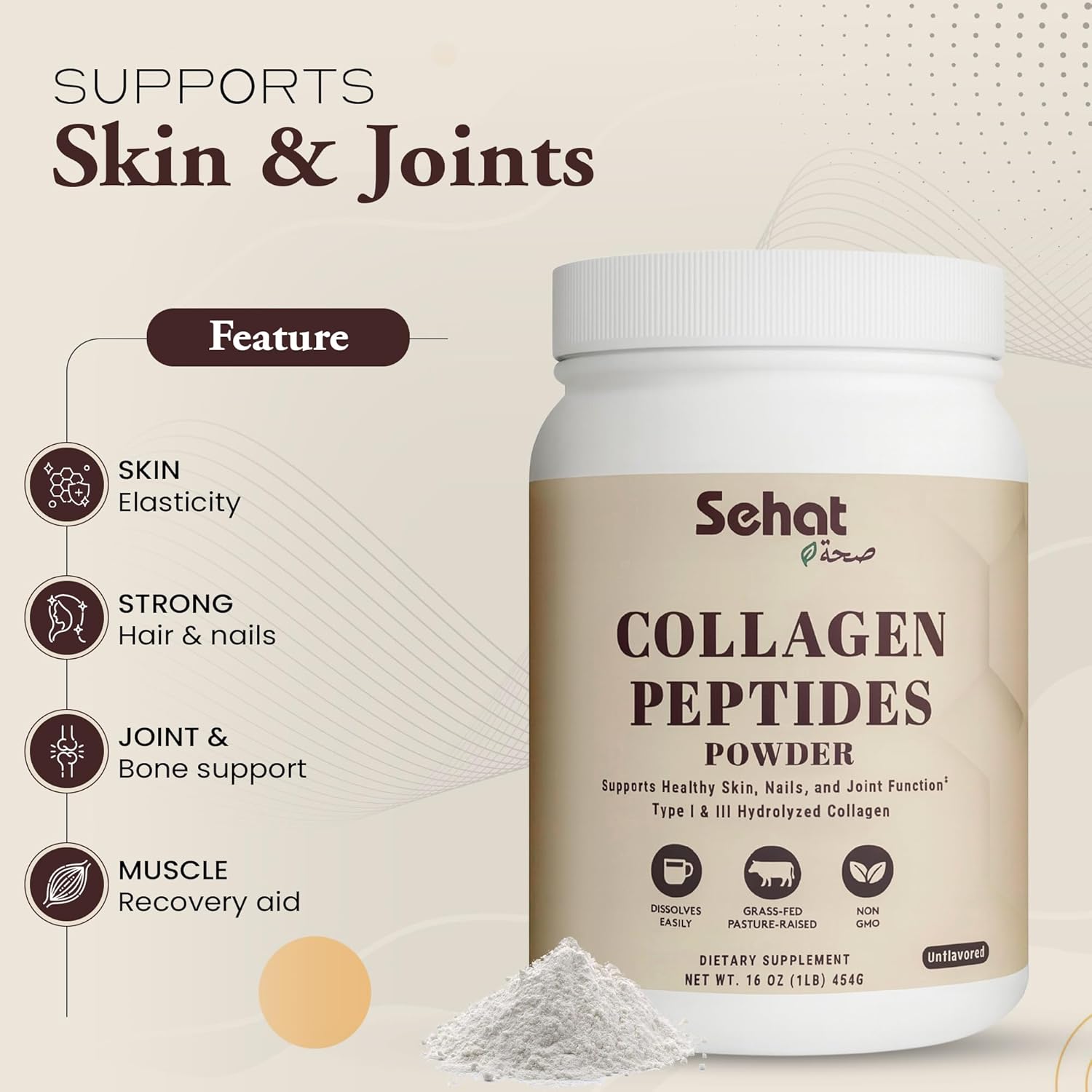 Sehat Halal Collagen Protein Powder, Collagen Peptides Powder, Supports Healthy Hair, Skin, Nails and Joint Function, Grass-Fed Beef Collagen, Type I & III Hydrolyzed, Non-GMO, Unflavored, 45 servings - Image 2