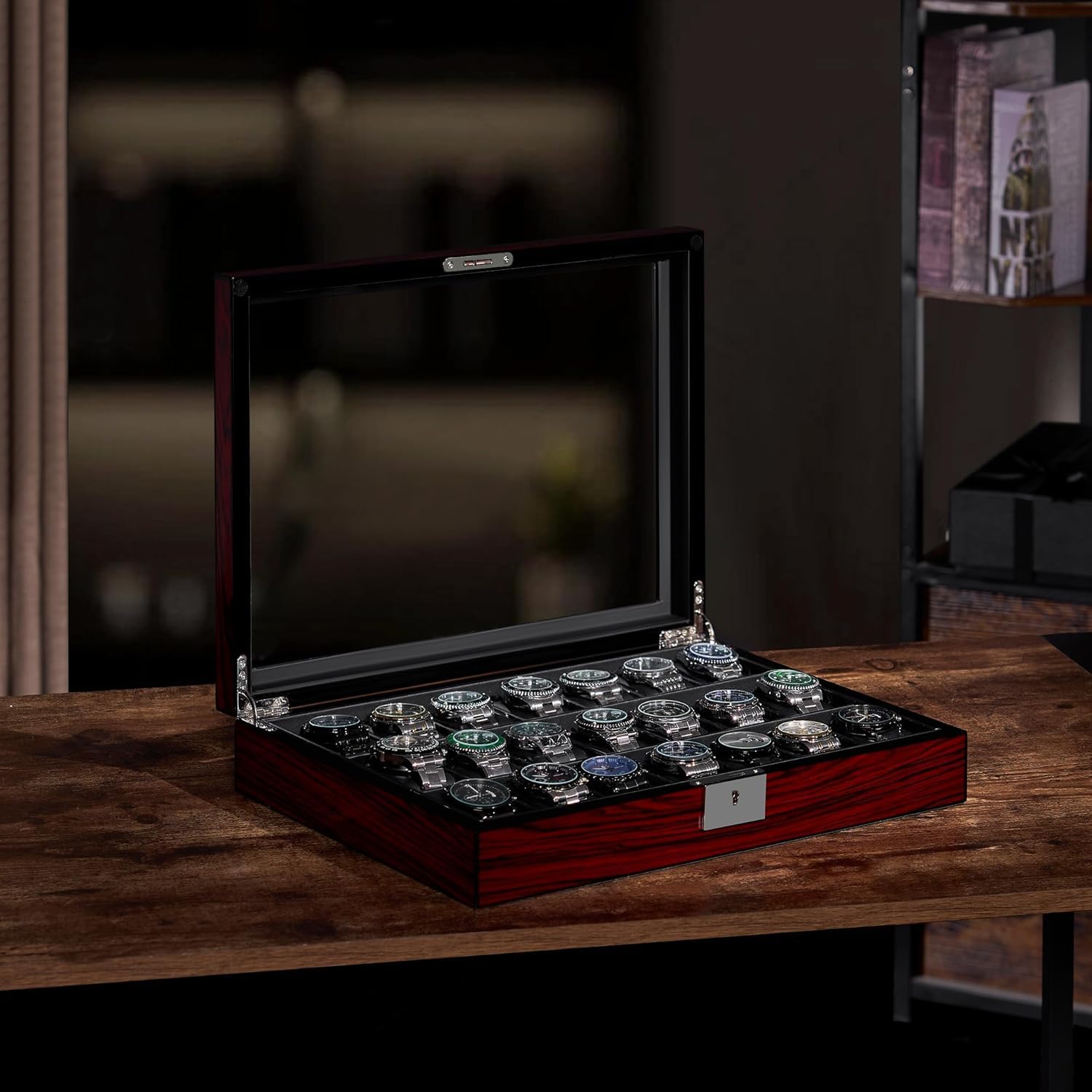 ANWBROAD Porta Orologi Uomo 21 scomparti Scatola Porta Orologi Uomo con Coperchio in Vetro Grande con Serratura Organizer per Orologi Regalo di Lusso JWB004Y