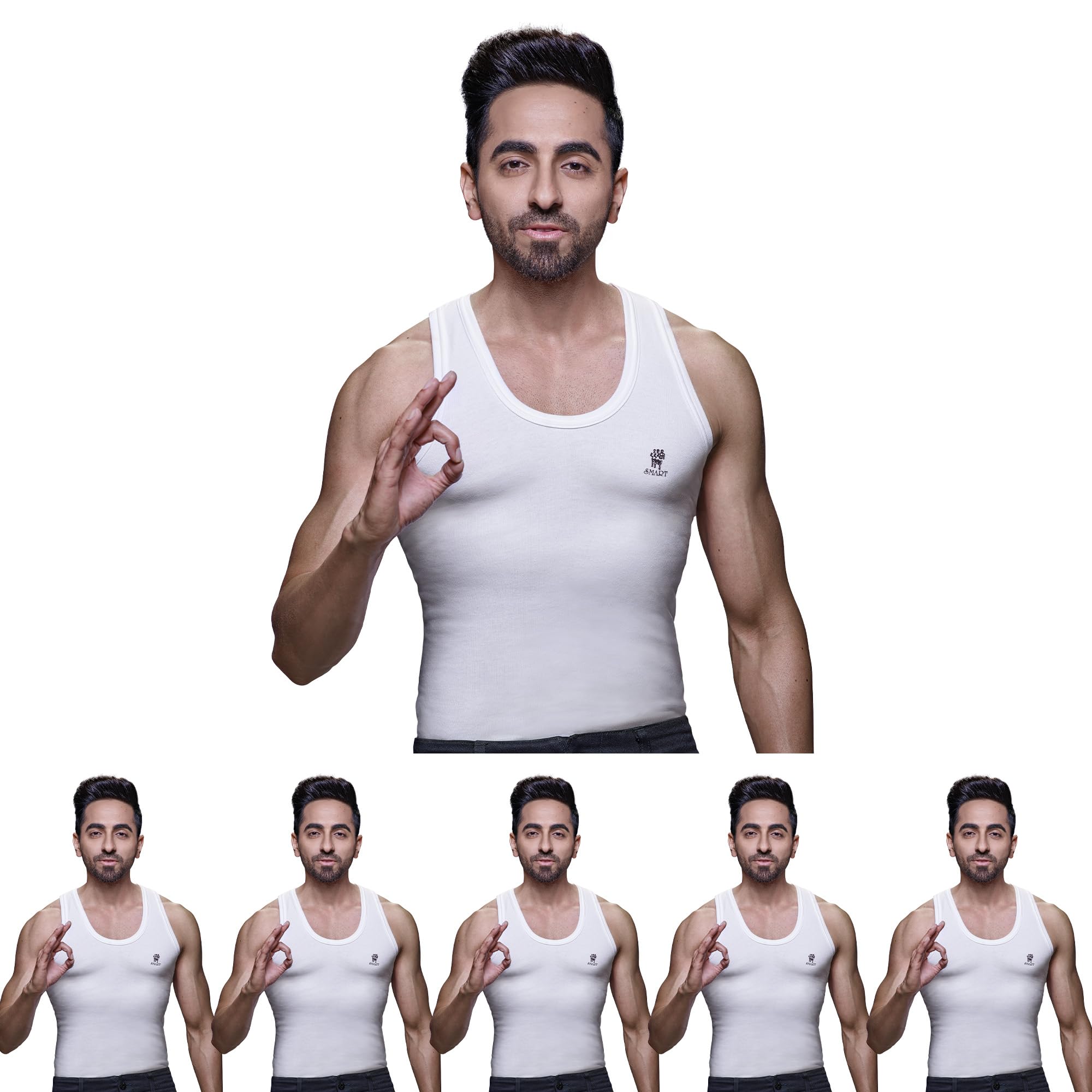 Men's White Round Neck Sleeveless Cotton Vest (Pack of 6) (White)