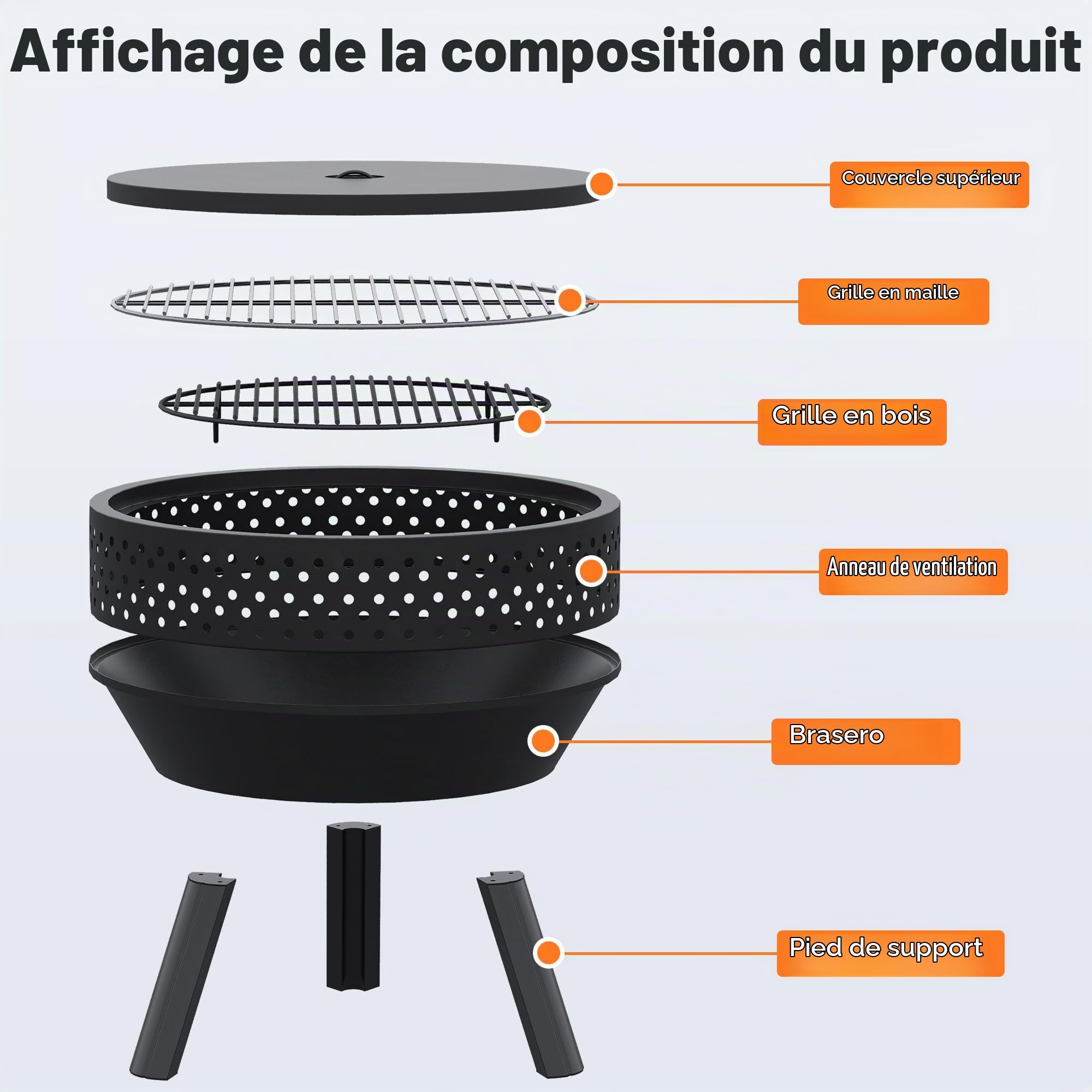 Brasero Extérieur 54.6 cm avec Grille de BBQ, Foyer Multifonctionnel Portable à Bois avec Sac Etanche et Tisonnier, pour Extérieur, Feu de Camp et Camping, Incinerateur de Jardin