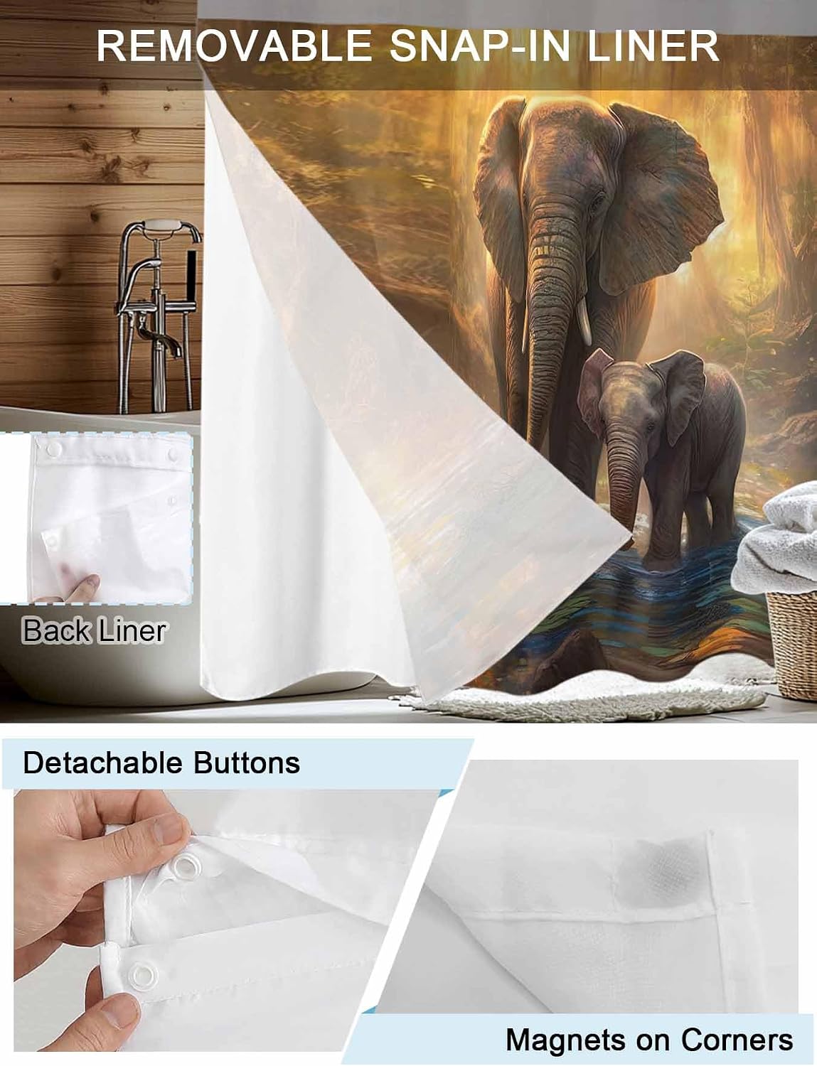 Elephant No Hook Shower Curtain with Snap in Liner, Animal Forest River Yellow Oil Painting Waterproof Shower Curtain for Bathroom with Top Sheer Window, 48x72 Inch