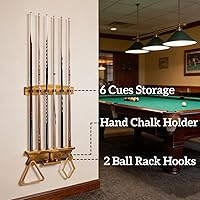 Vista 3 de Pumtus Soporte para palos de billar de montaje en pared, soporte de madera para 6 tacos de almacenamiento y 2 estantes de bolas, estante resistente