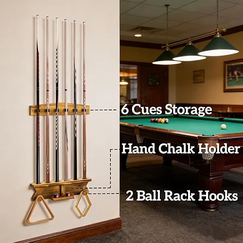 Miniatura 3 de Soporte de pared para palos de billar, soporte para tacos de billar de madera, con capacidad para 6 tacos y 2 estantes triangulares, estante