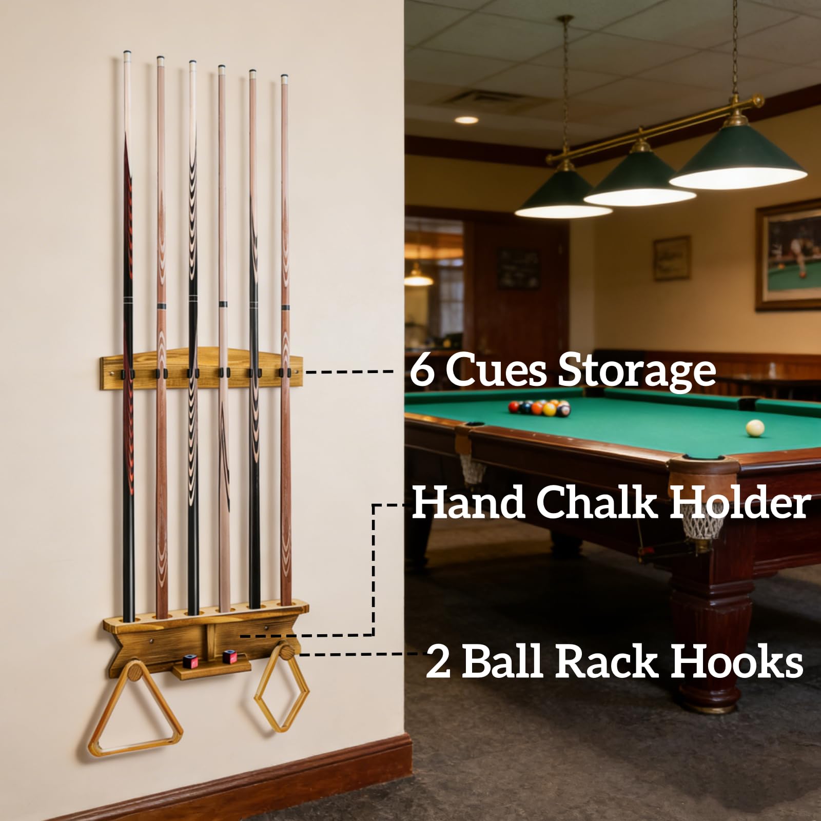 Pumtus Support mural pour queues de billard en bois, peut contenir 6 queues et 2 supports triangulaires, support de queue de billard robuste, support mural pour bâtons de billard, organisateur