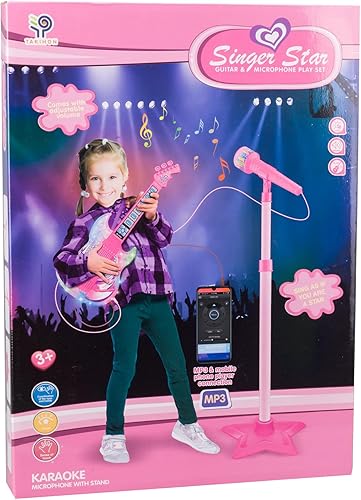 Miniatura 7 de TAKIHON Juego de guitarra y micrófono para niños, juguetes de guitarra con música y luz colorida, micrófono de altura ajustable con soporte,