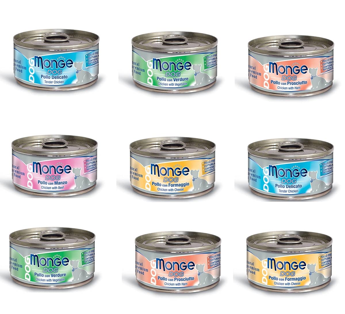 24 Lattine da 95g Monge Dog Cibo Umido Per Cani Pollo Formaggio Prosciutto Verdure
