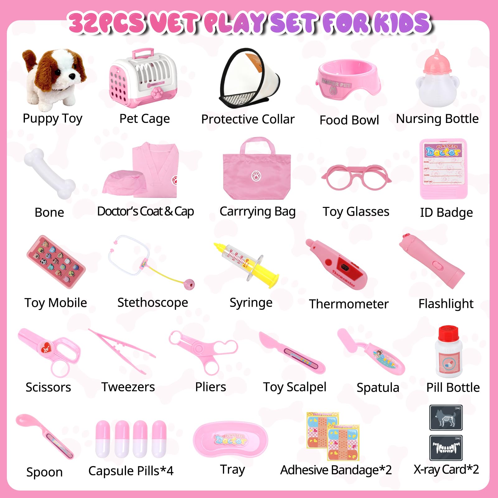 UBeesize Doctor Kit for Toddlers 3-5 with Interactive Plush Dog, Kids Vet Playset with Medical Tools and Costume, Toddler Doctor Play Set Toy, Gift for Girls Ages 3-5, Pink