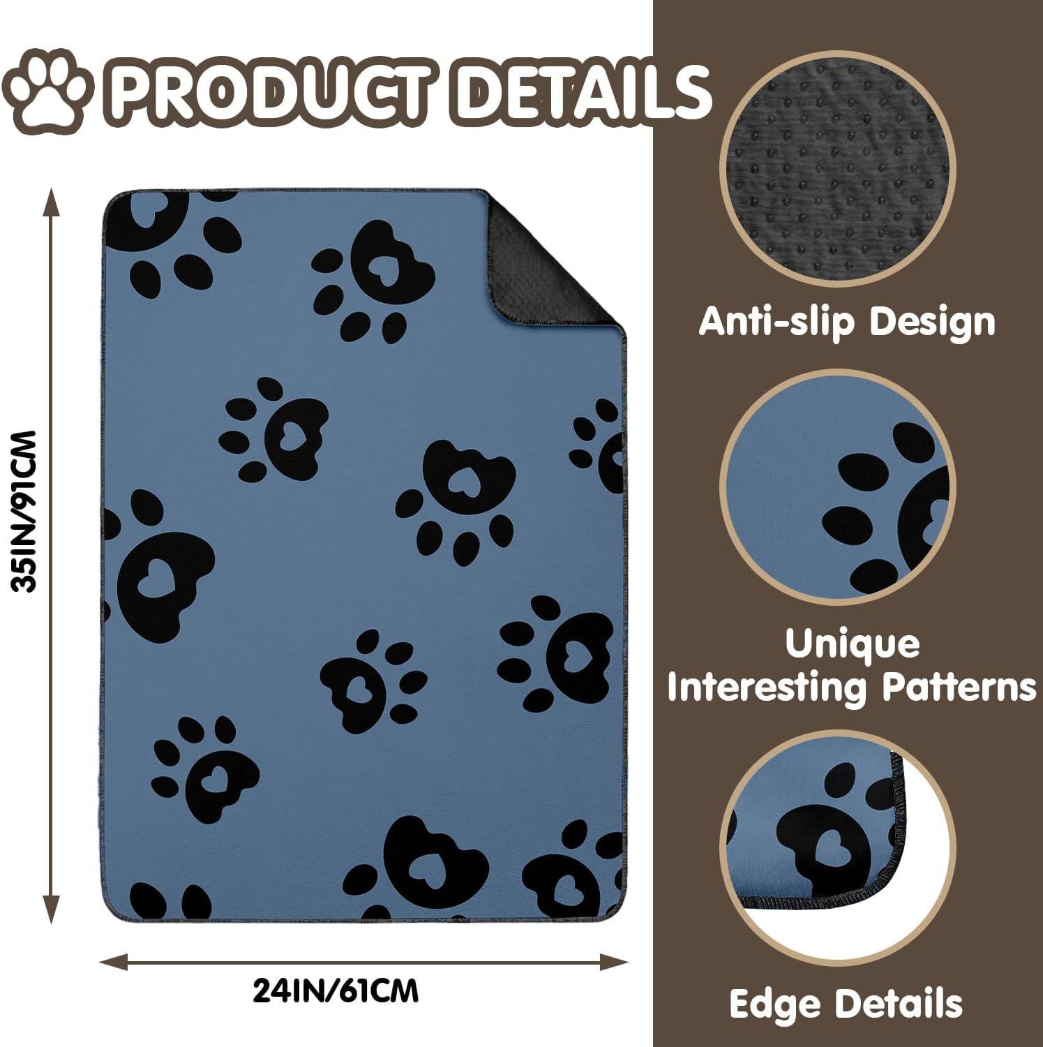 2PC Reusable Potty Pads for Dog-Washable Pee Pads for Floors/Couch/Bed and Crates-with Dogs Paw Pattern Non-Slip Potty Pads for Training 36x24in
