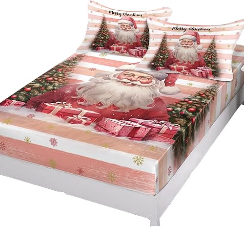Sábana bajera tamaño Queen con bolsillos profundos, diseño de árbol de Navidad de Papá Noel, rosa y blanco, funda de colchón de microfibra cepillada disponible en Yaxa Peru