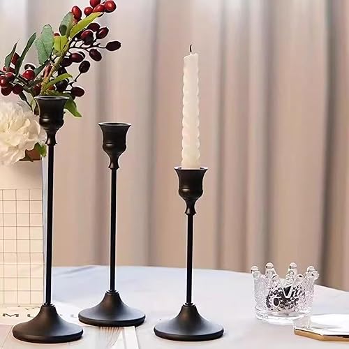 Miniatura 6 de Portavelas cónico vintage, 3 unidades, pilar de metal, para mesa, mantel de boda, regalo de inauguración de la casa (negro)