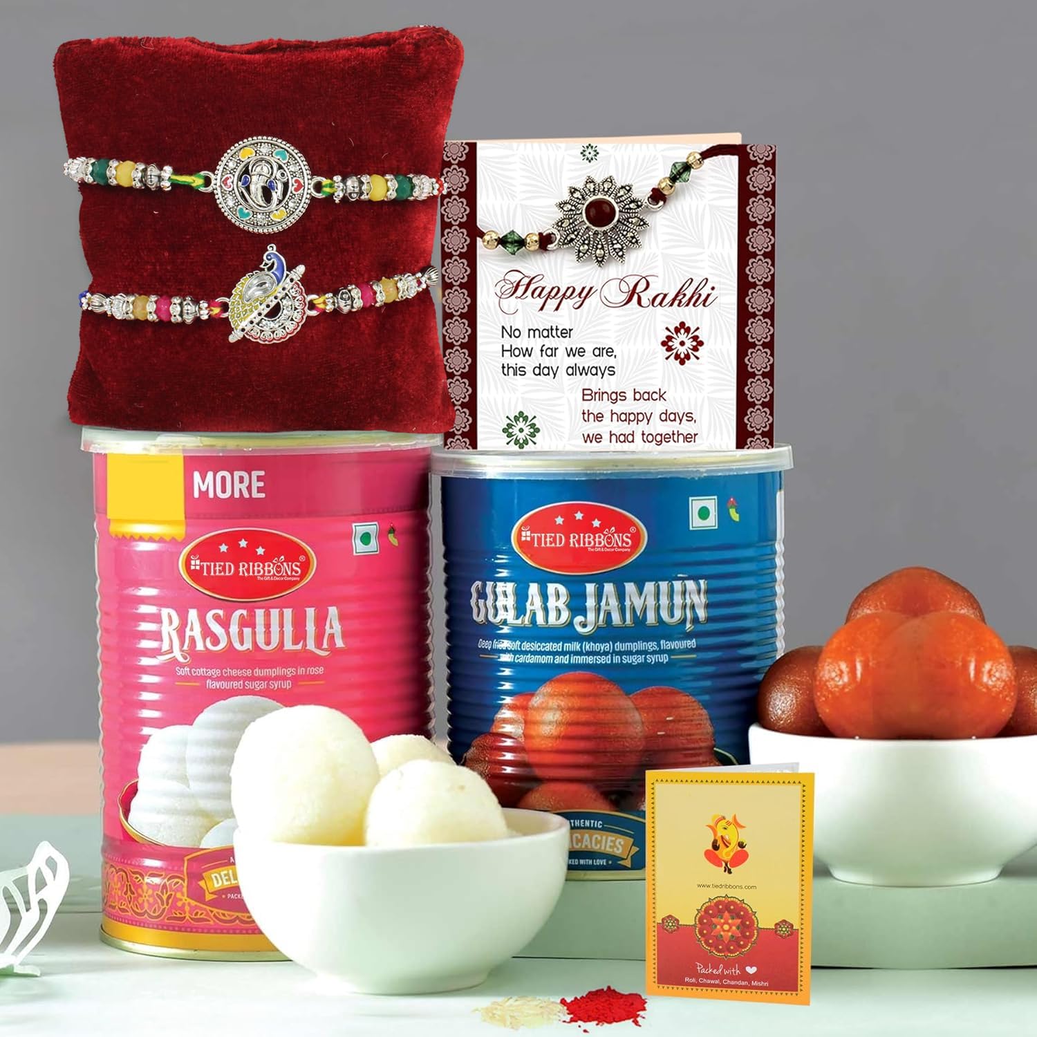 TIED RIBBONS Rakhi for Brother with Gift Sweets Combo - Set of 2 Silver Rakhi with Rasgulla Gulab Jamun and Greeting Card - Rakshabandhan Gifts for Brother Bhaiya Bhabhi Boys Kids Men, 500 gm Each-image-36
