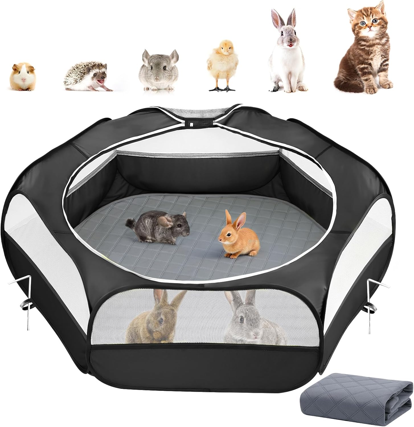 2-in-1 Small Animals Playpen with Pad, Waterproof Small Pet Cage Tent with Reusable Pad, Portable Outdoor Yard Fence with 3 Metal Rod for Chick/Kitten/Puppy/Guinea Pig/Rabbits/Chinchillas, Black