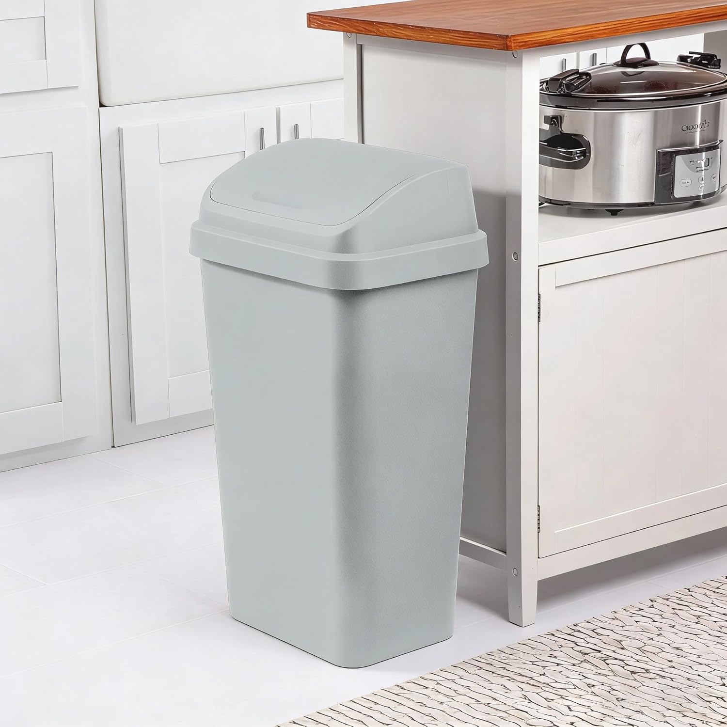 2 Pack Kitchen Trash Can，13 Gallon Durable Plastic Garbage Can with Swing Top Lid， Easy to Clean for Kitchen, Bathroom, Garage & Office (Gray)