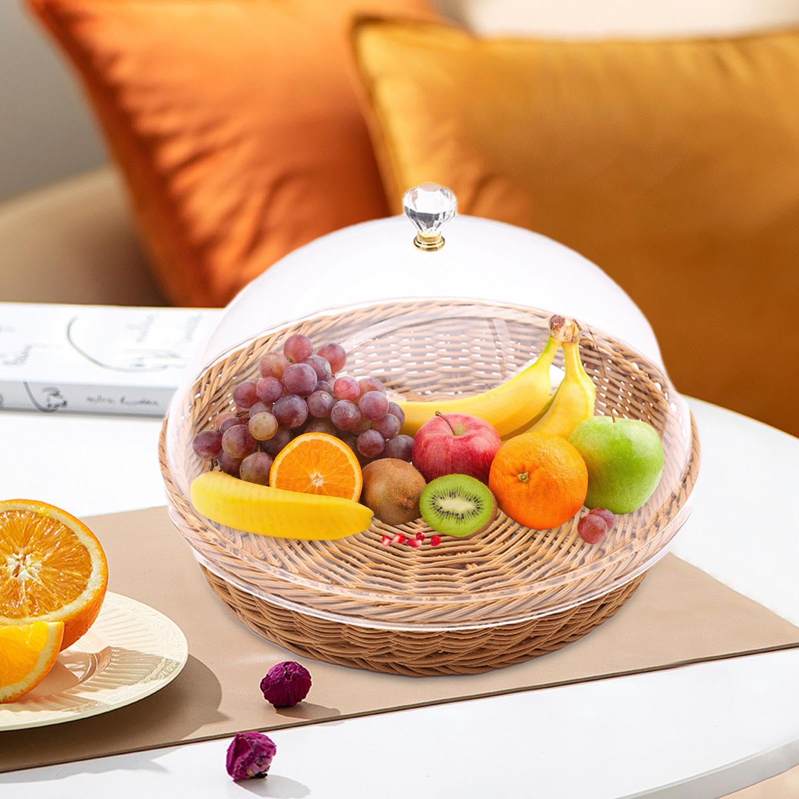 Cestino per il pane intrecciato con coperchio Cestino intrecciato in rattan imitazione Vassoio da portata rustico Cesto di frutta intrecciato per, 35x22 cm